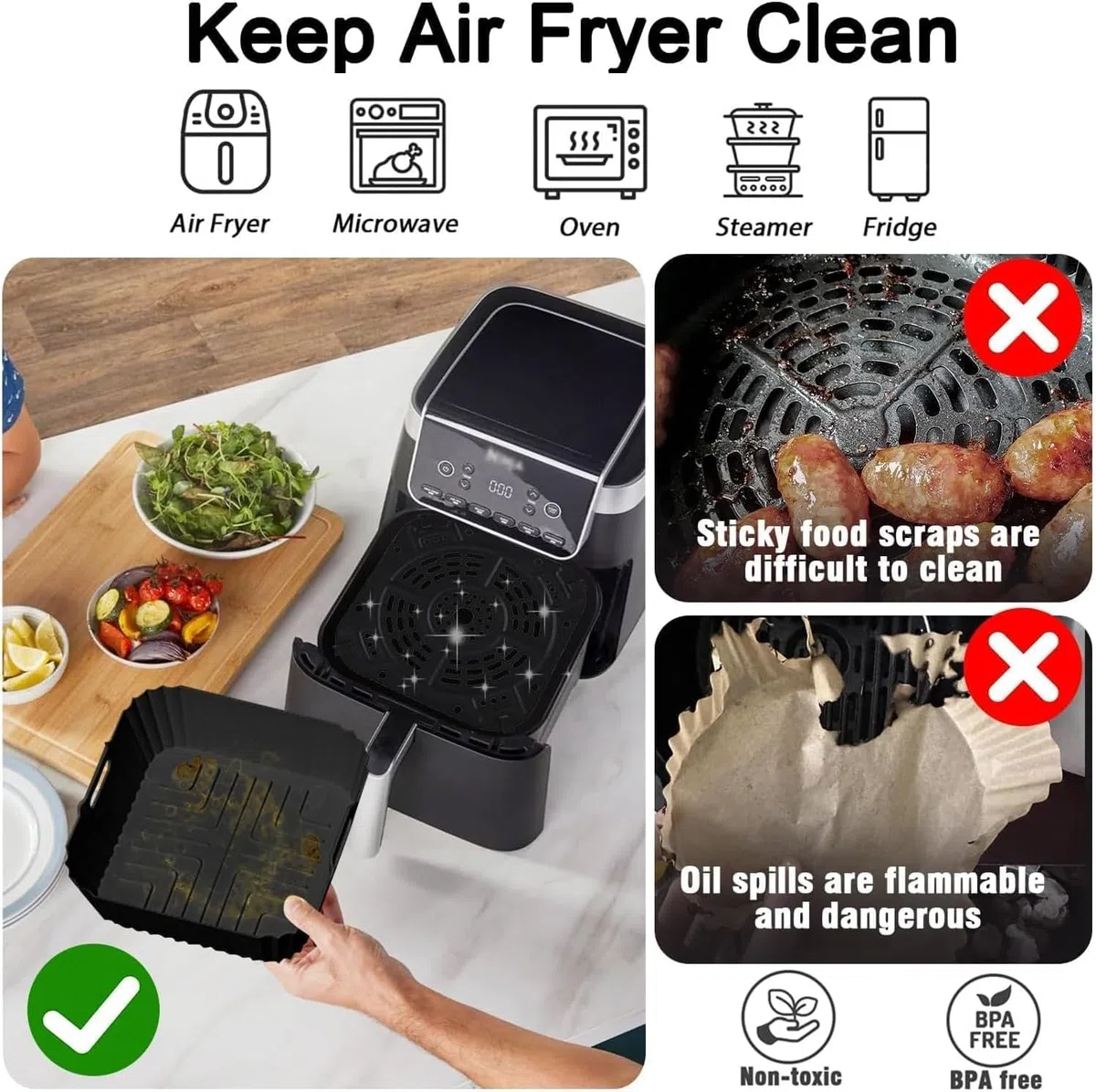 3 Stück Airfryer Silikonform für Heißluftfritteuse, Air Fryer Zubehör Wiederverwendba Silikon Einsatz, Heißluftfritteuse Zubehör für Ninja AF180, Philips 2000 Series(NA230/00), Russell Hobbs 4L 4,3L