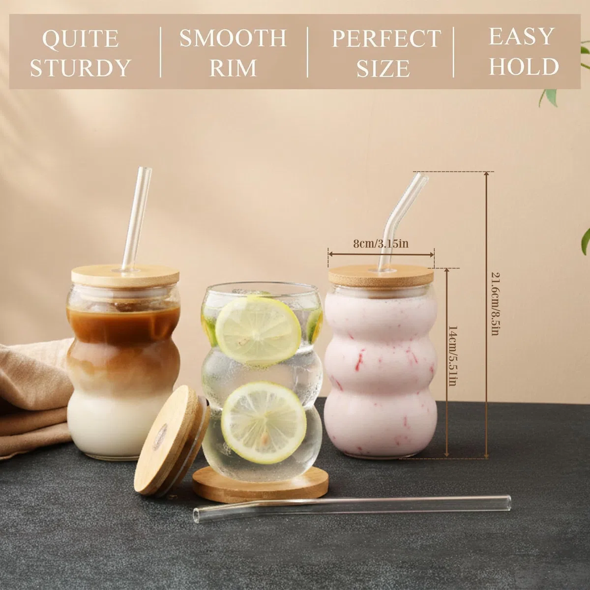 VITEVER Matcha Latte Glas, 2pcs 550ml Glasbecher mit Deckel und Strohhalm Latte Gläser, Bubble Glasbecher, Macchiato Gläser, Cocktailglas, Kaffeeglas Eiskaffee Trinkglas mit Bürste und Strohhalm