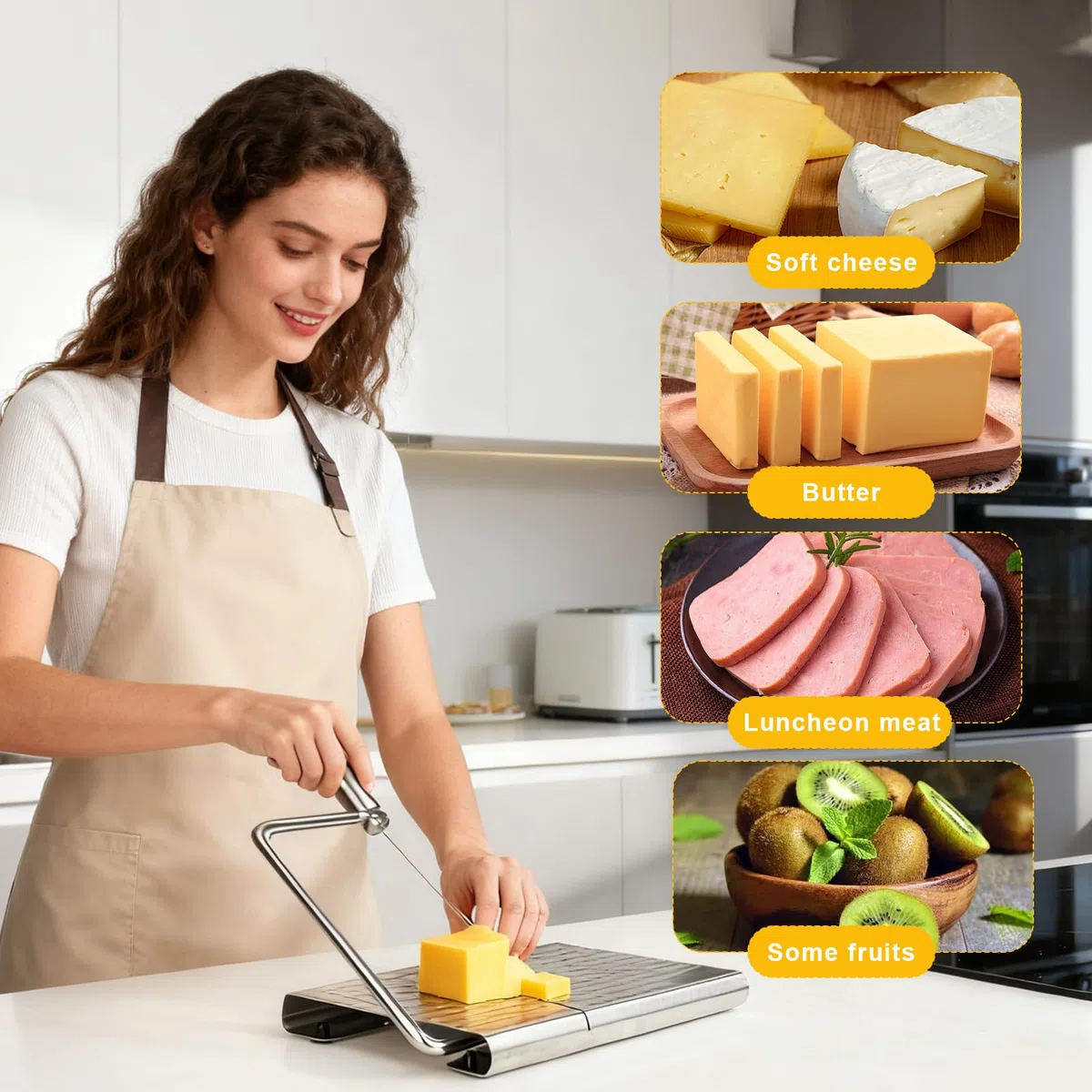 Edelstahl Käsehobel Schneidebrett, Käsebrett Butterschneider, Käsehobel mit Brett und Messgitter, Auswechselbarer Käseschneider für Blockkäse und Butter, Spülmaschinenfest, mit 5 Extra Drähten