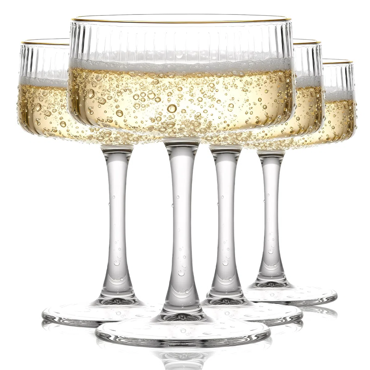 Sektschalen 4er Set,260 ml Champagnerschalen mit Goldrand,Vintage Coupe Gläser aus bleifreiem Glas für Champagner,Sekt,Prosecco und Cocktails,Geriffelte Cocktailgläser