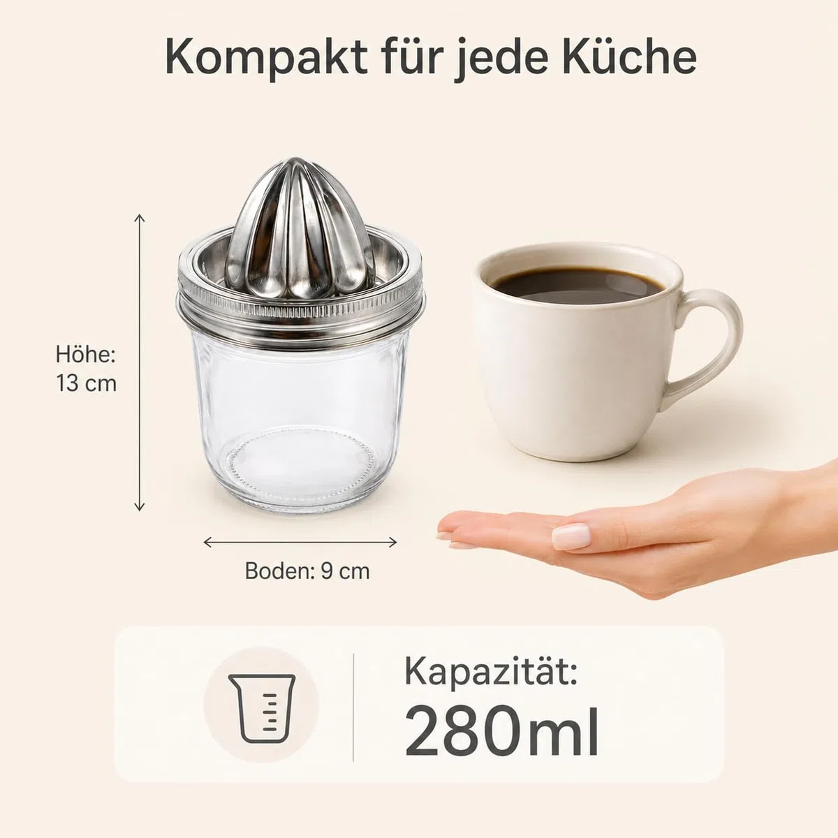 Zitronenpresse Edelstahl Handpresse Für Küche, Orangenpresse mit Auffangbehälter, Manuelle Saftpresse Für Zitronen, Orangen, Limetten, 280ml, Einmachglas, Leicht Zu Reinigen Und Lagern