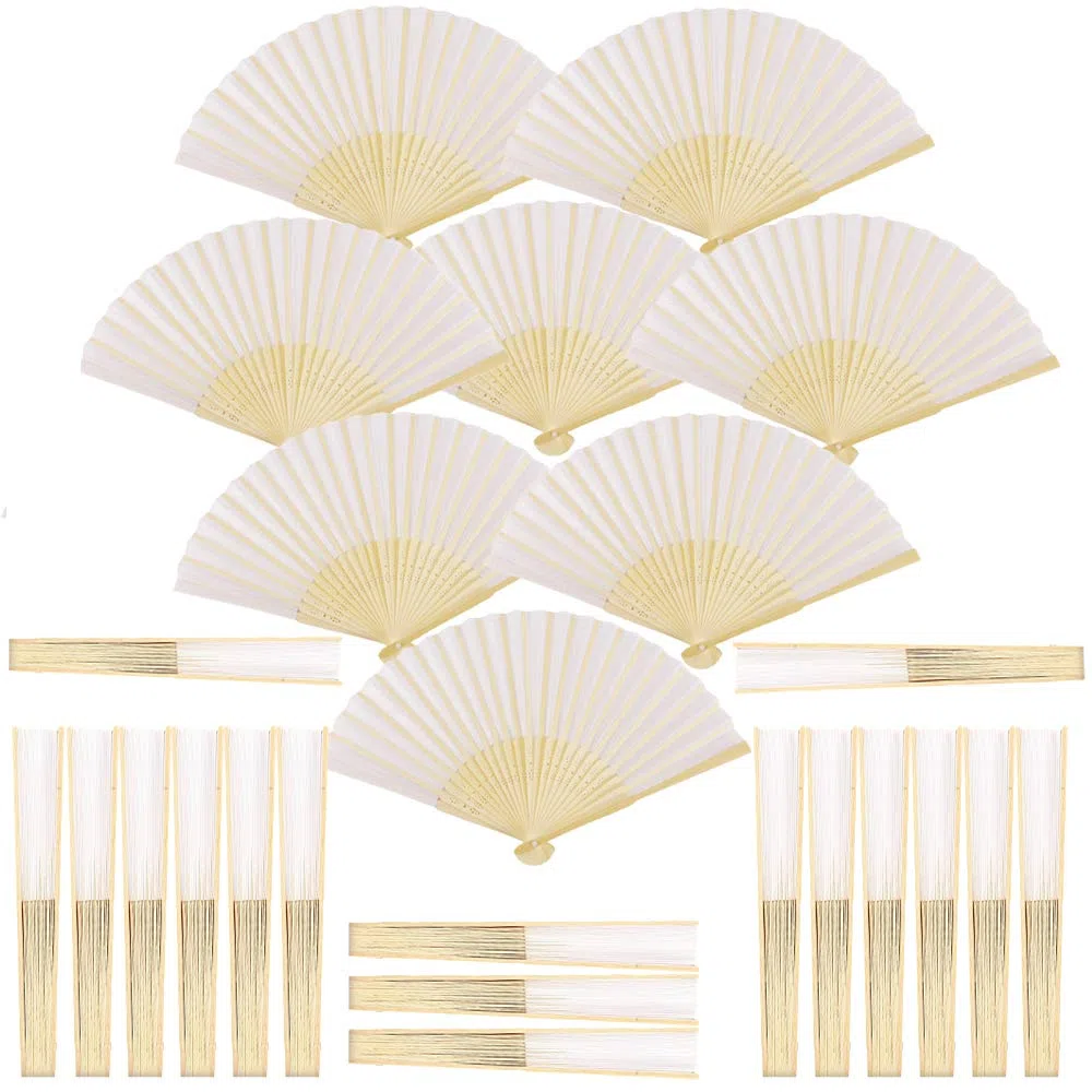 25 Stück Weiß Seiden Bambus Stoff Fächer Set inkl. faltbar Klappfächer Hochzeit Stofffächer Dekofächer Handfächer Hand Fan Wedding Hochzeit Party Faltbar Taschenfächer Party
