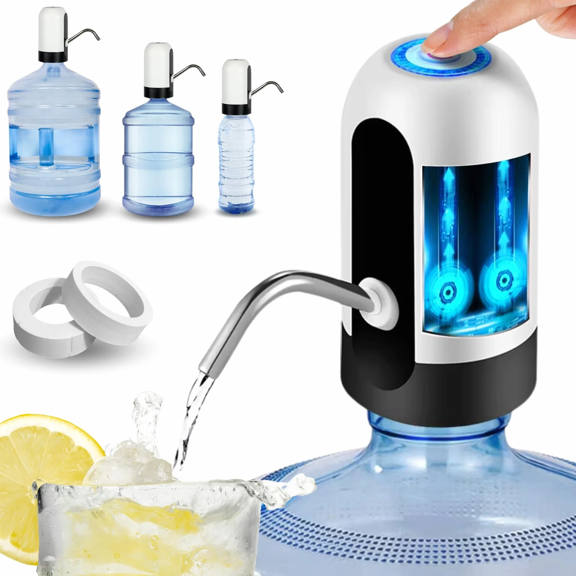 Wasserspender, elektrischer Wasserhahn für Kaltwasserkanister, Dosierpumpe mit zwei Adaptern, 5,7 l, 10 l, 11,3 l, 15 l, 18,9 l.