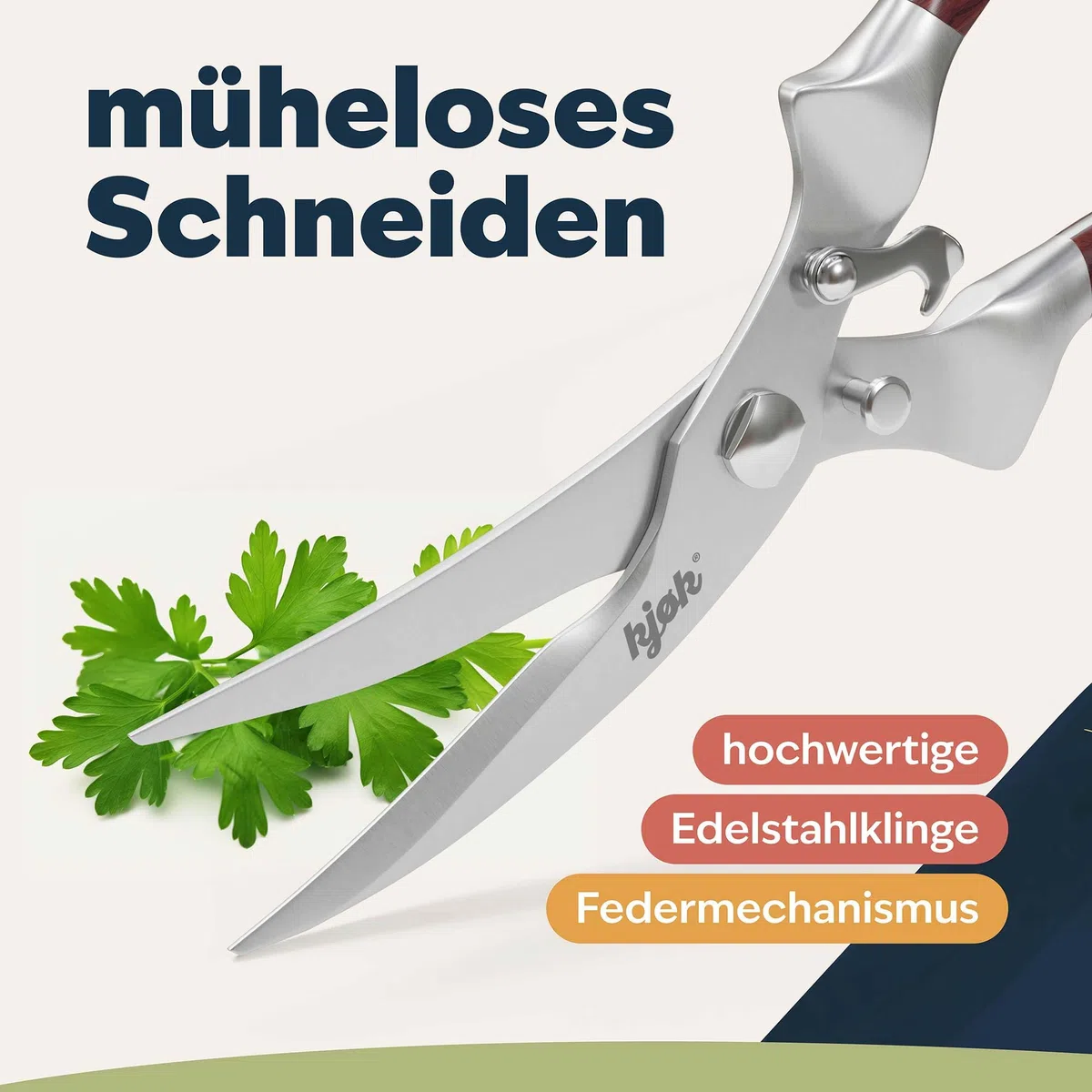 kjøk Geflügelschere Edelstahl mit Echtholzgriff – Tranchierschere für Hähnchen, Gans & Ente – durchtrennt Knochen, Sehnen & Gelenke – auch für Kräuter & Pizza – spülmaschinengeeignete Klingen