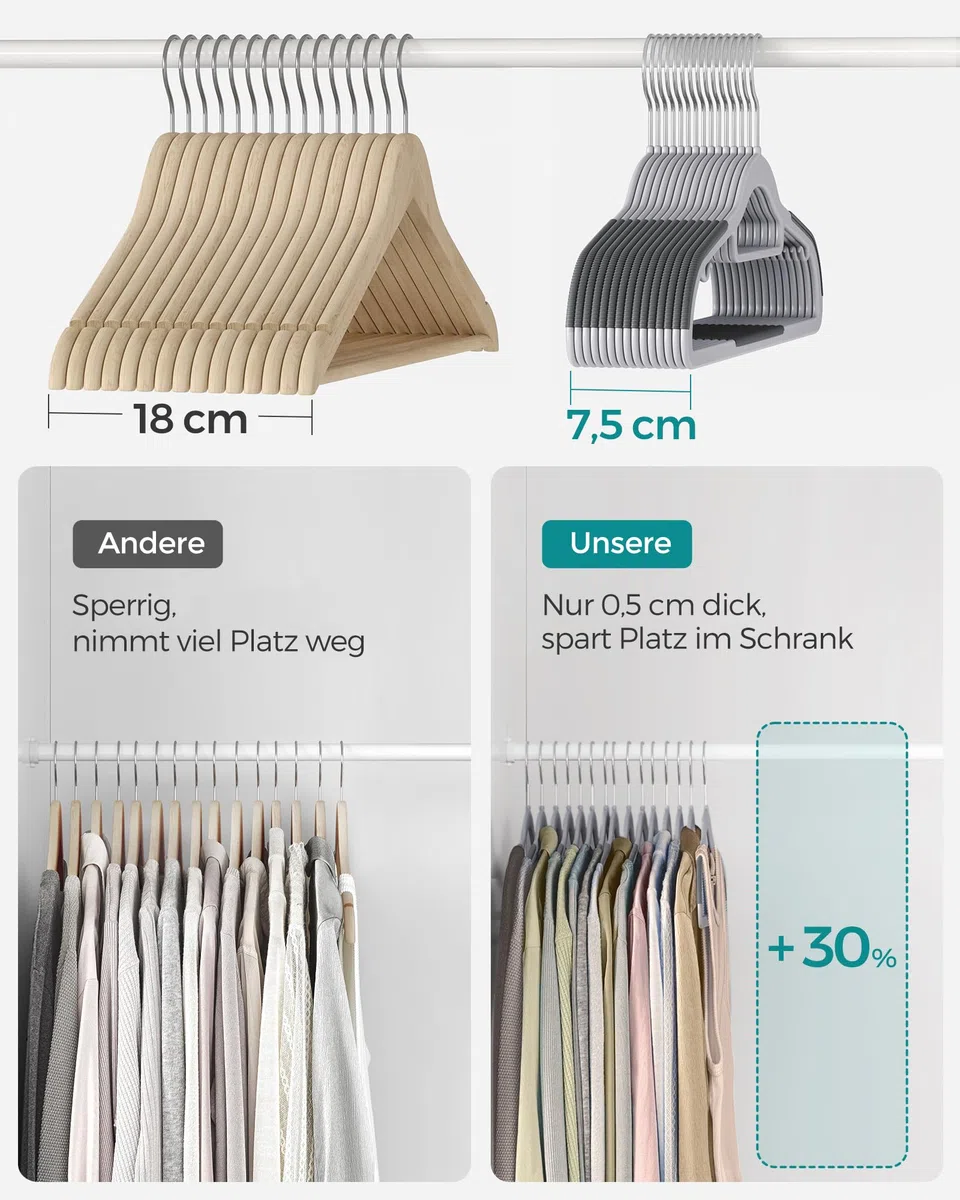 SONGMICS Kleiderbügel 30er Set, Bügel aus Kunststoff, rutschfest, platzsparend, Dicke 0,5 cm, 42 cm lang, um 360° drehbarer Haken in Silber, hellgrau-dunkelgrau CRP20G30
