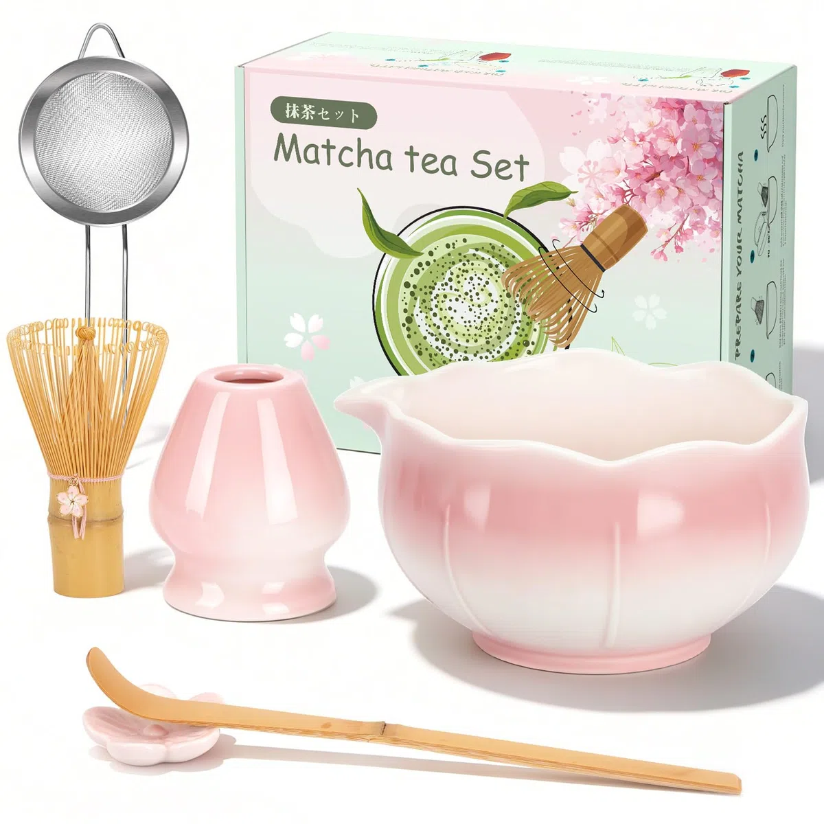 Matcha Besen Set, Matcha Set Rosa - Matcha Schale mit Ausgießer, Bambus Matcha Besen, Besenhalter, Sieb, Löffel und Halter, Japanisches Matcha Kit für Matcha-Liebhaber (Rosa)