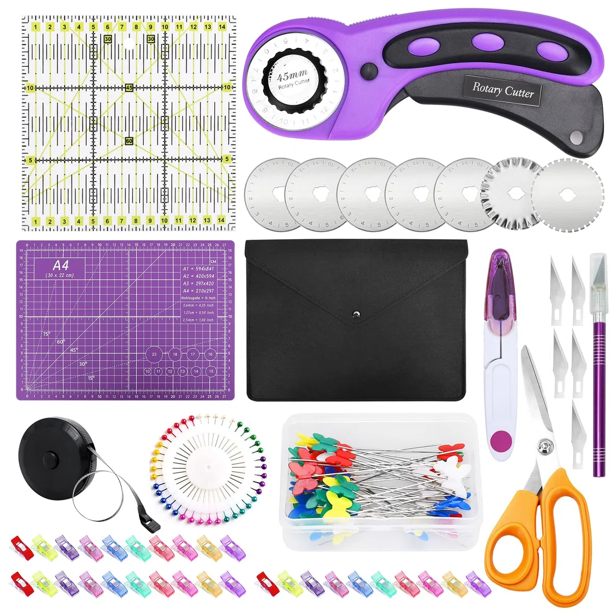SAMISO Drehschneider-Set, Rotationsschneider, Schneidematte, A4, Rotationsschneider, Ersatzklingen, Patchwork-Lineal, Drehmesser für Stoff, Leder, Scrapbooking