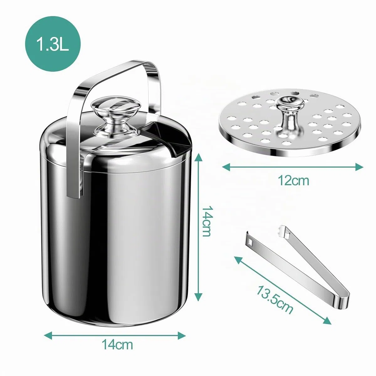 Eiswürfelbehälter mit deckel 1.3L, Eiswürfelbehälter Edelstahl mit Sieb und Eiszange, Doppelwandig Isoliert, Tragbarer Eiskübe Ideal für Bier, Wein, Champagner, Für Bar, Party, Camping & Grillen