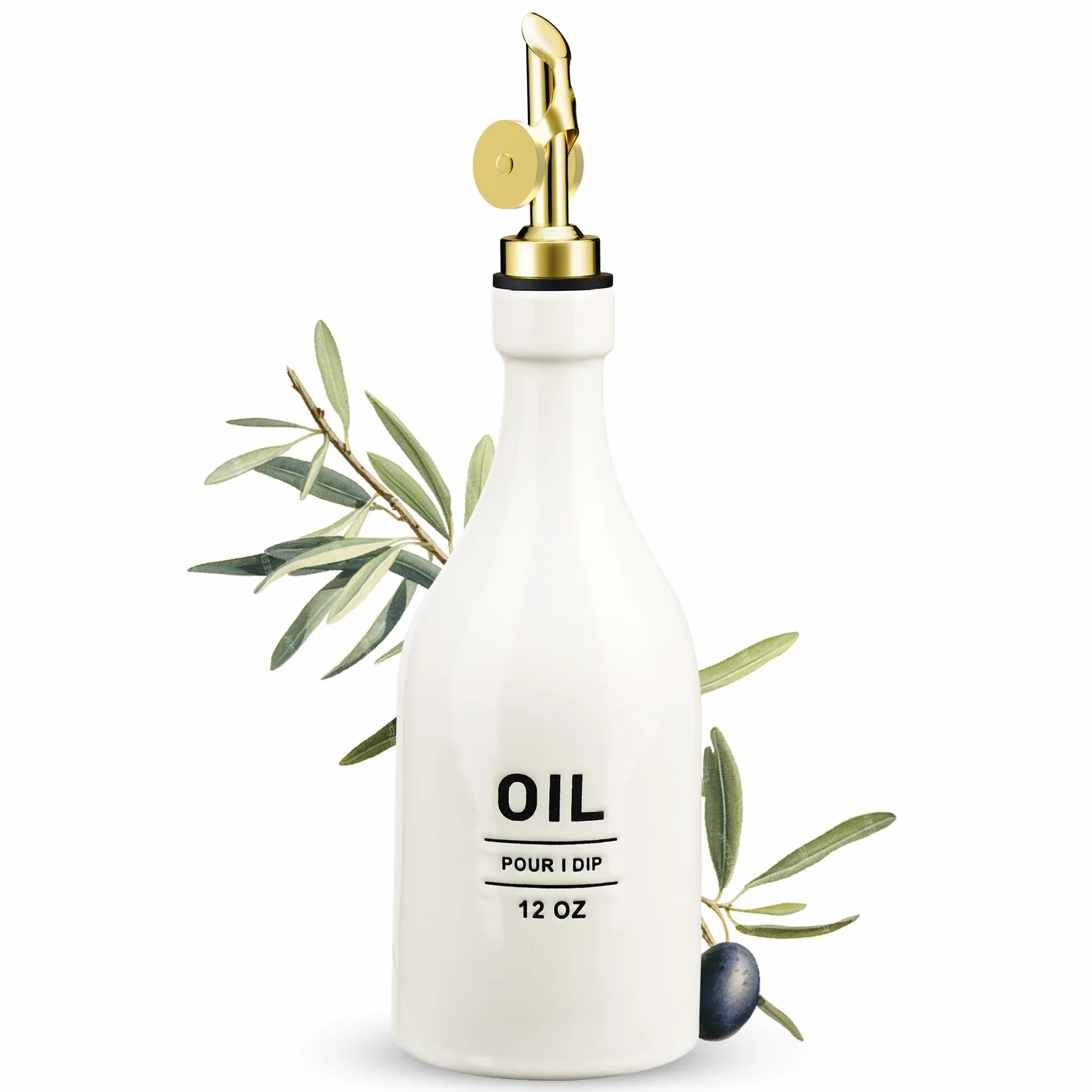 NiHome 350ml Keramik Ölflasche，Essig und Ölspender mit automatischem Ausgießer, spülmaschinenfest, UV-geschützter Olivenöl Flasche für die Küche zur optimalen Aromabewahrung, tropffreies Ausgießen