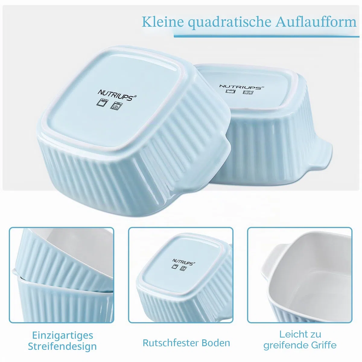 NUTRIUPS 13 Unzen Keramik-Auflaufformen-Set, 4er-Set, quadratische Auflaufformen, 400 ml kleine Auflaufform für den Luftfritteur, Keramik-Backgeschirr mit Griffen (Hellblau)