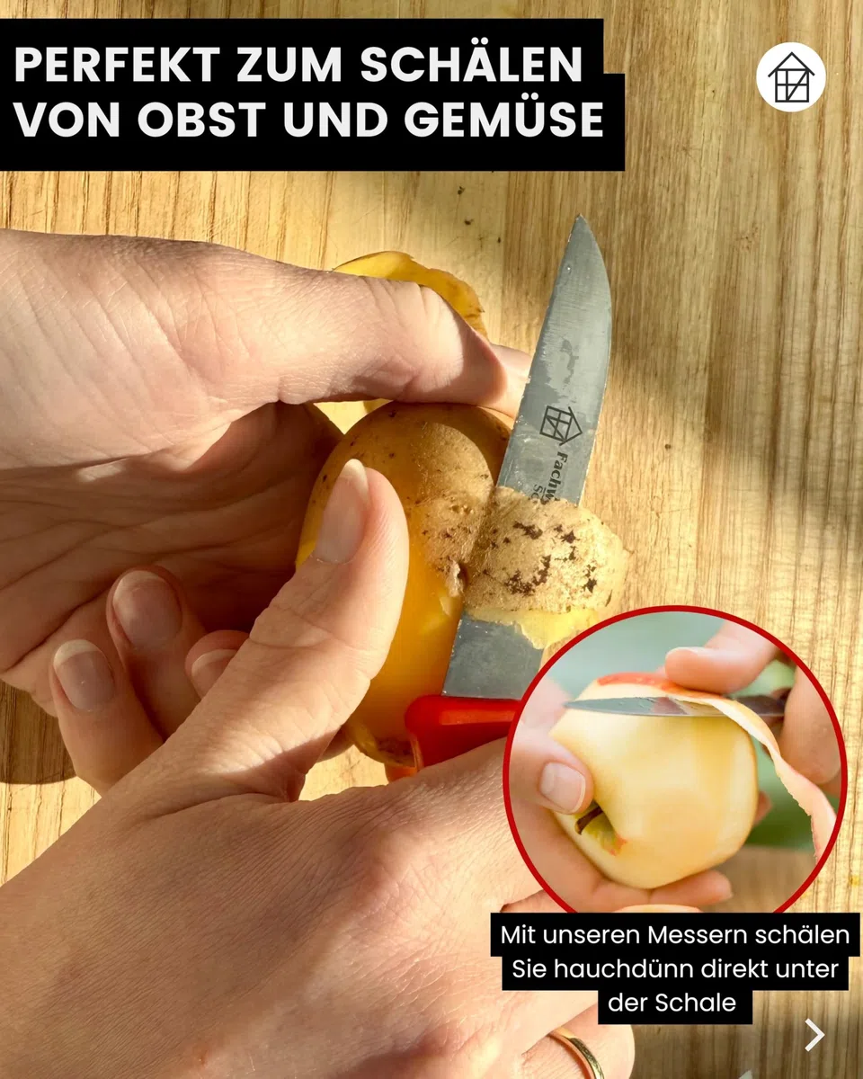 Fachwerk Gemüsemesser 4er Set – Küchenmesser aus Solingen, 7,5 cm Klinge, 2x rot & 2x schwarz – scharfes Schälmesser aus rostfreiem Edelstahl – Qualitätsmesser Made in Germany