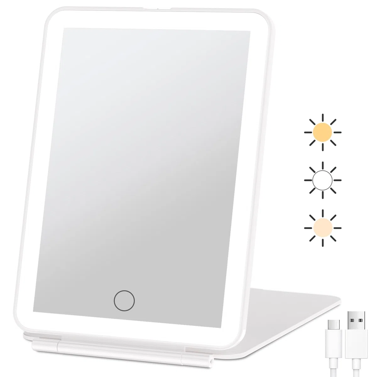 FUNTOUCH Kosmetikspiegel mit Beleuchtung, 2000mAh Wiederaufladbarer Tragbarer Ultraschlanker Reisespiegel mit Licht, 3 Farblichter Schminkspiegel, Faltbarer Makeup Spiegel für Zuhause Reise