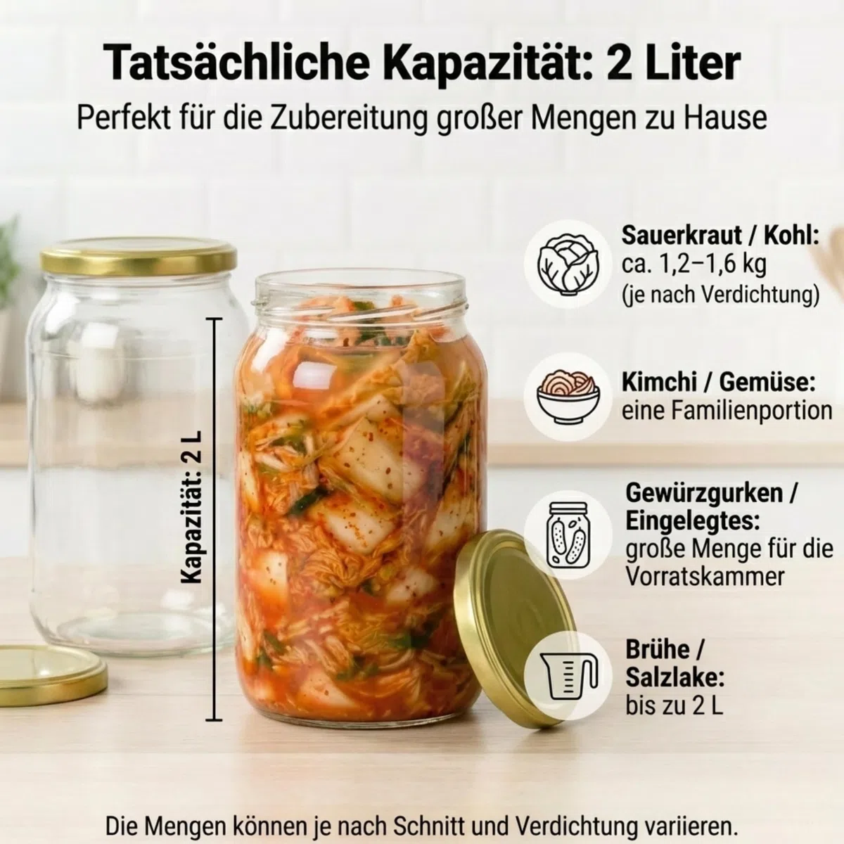 myFERMENTS Kimchi Behälter – 2L großes Fermentierglas für Kombucha, Kimchi, Kefir – Einmachgläser mit Schraubdeckel, weite Öffnung zum Einlegen, Fermentieren – Luftdichte Deckel – 2er Set