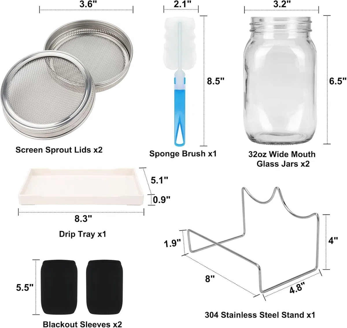 Sprossenglas, Sprossen Keimglas 2er Set, Sprouting Jar mit Deckel, Sieb & Abtropfschale, Sprossen Keimgerät für Alfalfa Kresse Brokkoli Mungobohnen