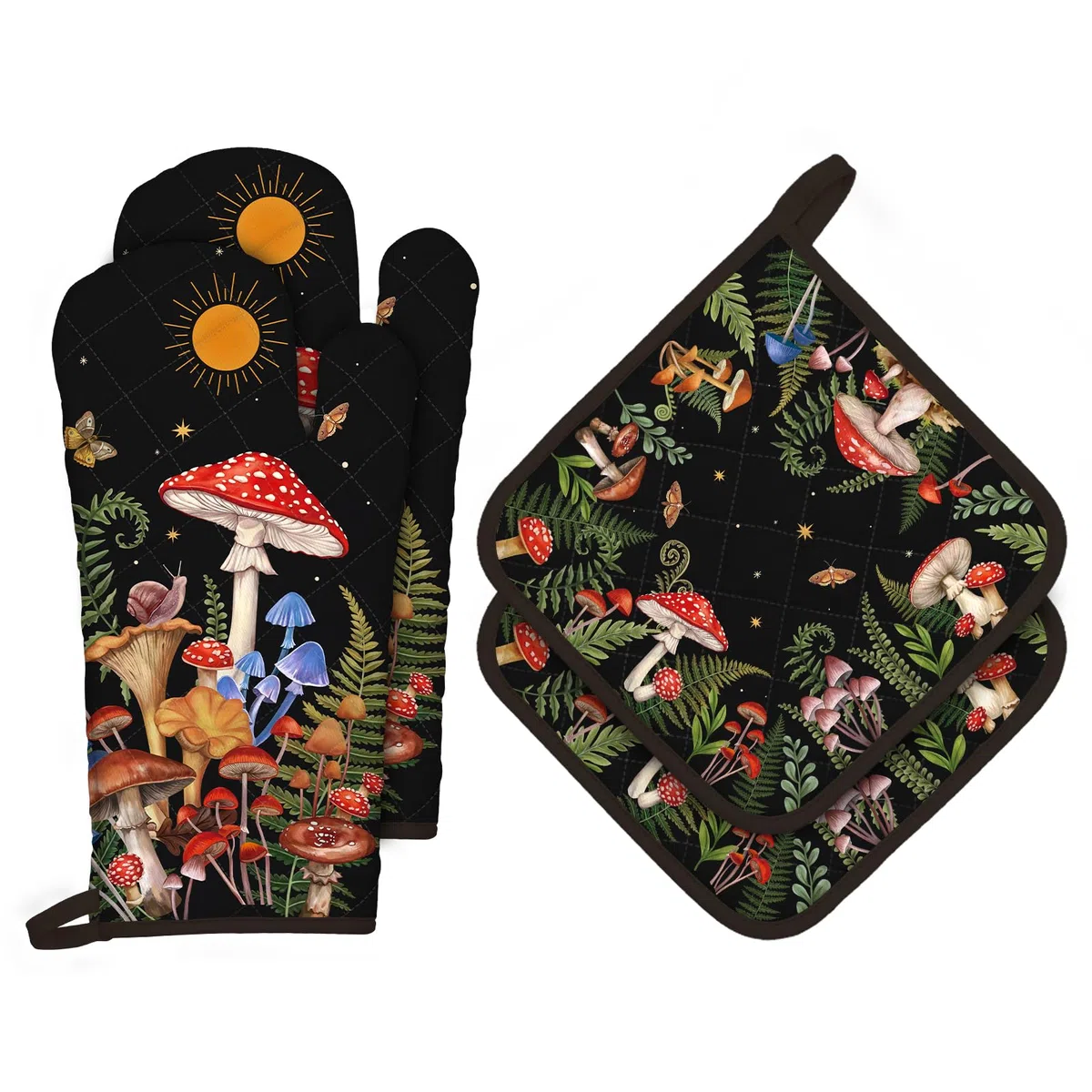 Ofenhandschuh und Topflappen Pilz 4er Set, 100% Baumwolle Kochhandschuhe, Hitzebeständiger Küchenhandschuh Zum Kochen Backen Grillen Geschenk