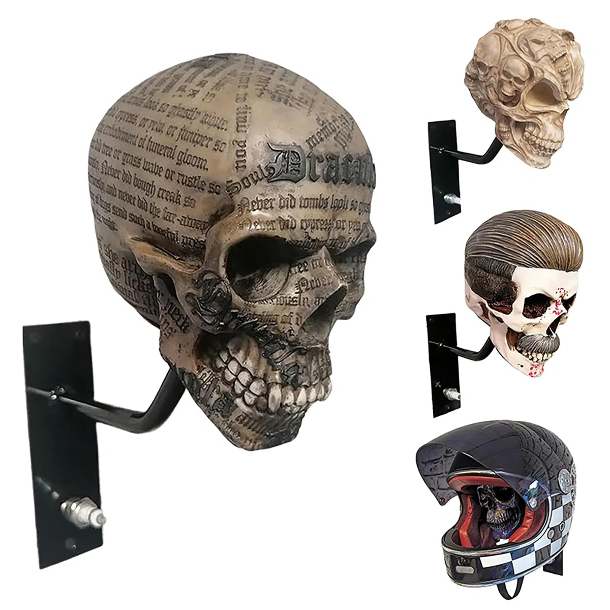 Motorradhelm-Totenkopf-Halter, Wandmontage-Helm-Aufbewahrungsständer, Kunstharz-Handwerk-Totenkopf-Helmständer für Mäntel, Mützen, Basebälle und Rugby-Helme