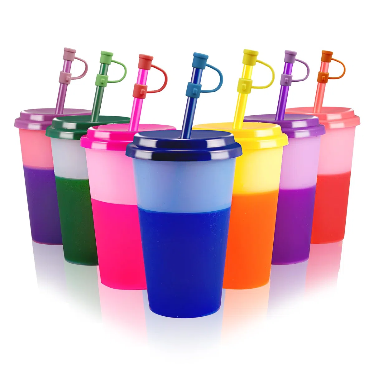 Patinao 7 Stück Becher Tasse Trinkbecher mit Strohhalm & Deckel - 350ml Farbwechselbecher Mehrweg Plastikbecher Tasse Eiskaffee Smoothie Cup Travel Mug (mit Silikon Strohhalm Cover)