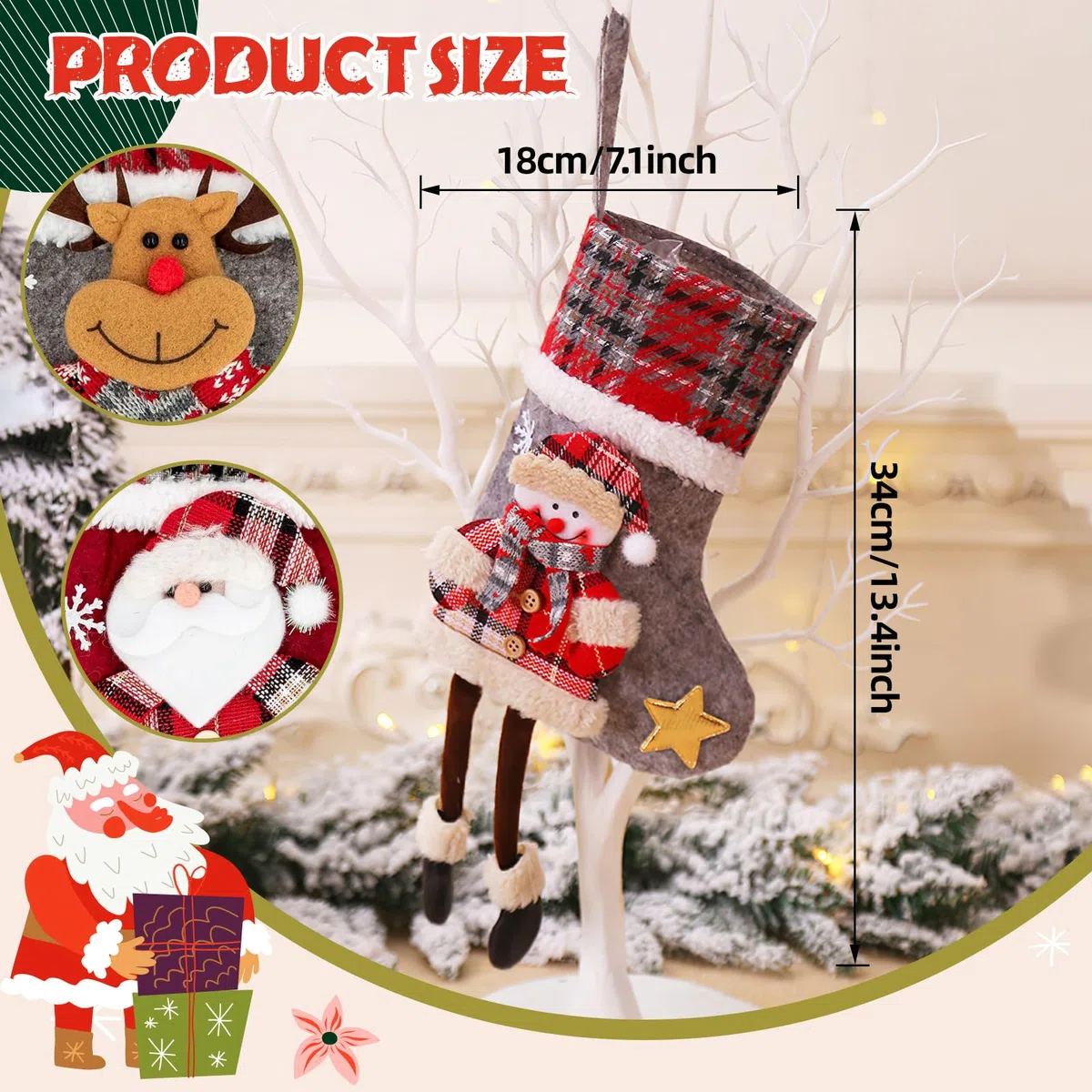 Nikolausstrumpf Kinder 3er Set, Klein Weihnachtsstrumpf Personalisiert Weihnachtssocken Kamin Nikolaus Socken Weihnachten Deko, Rot Grau Nikolausstiefel zum Befüllen Weihnachtsstrümpfe Weihnachtsdeko