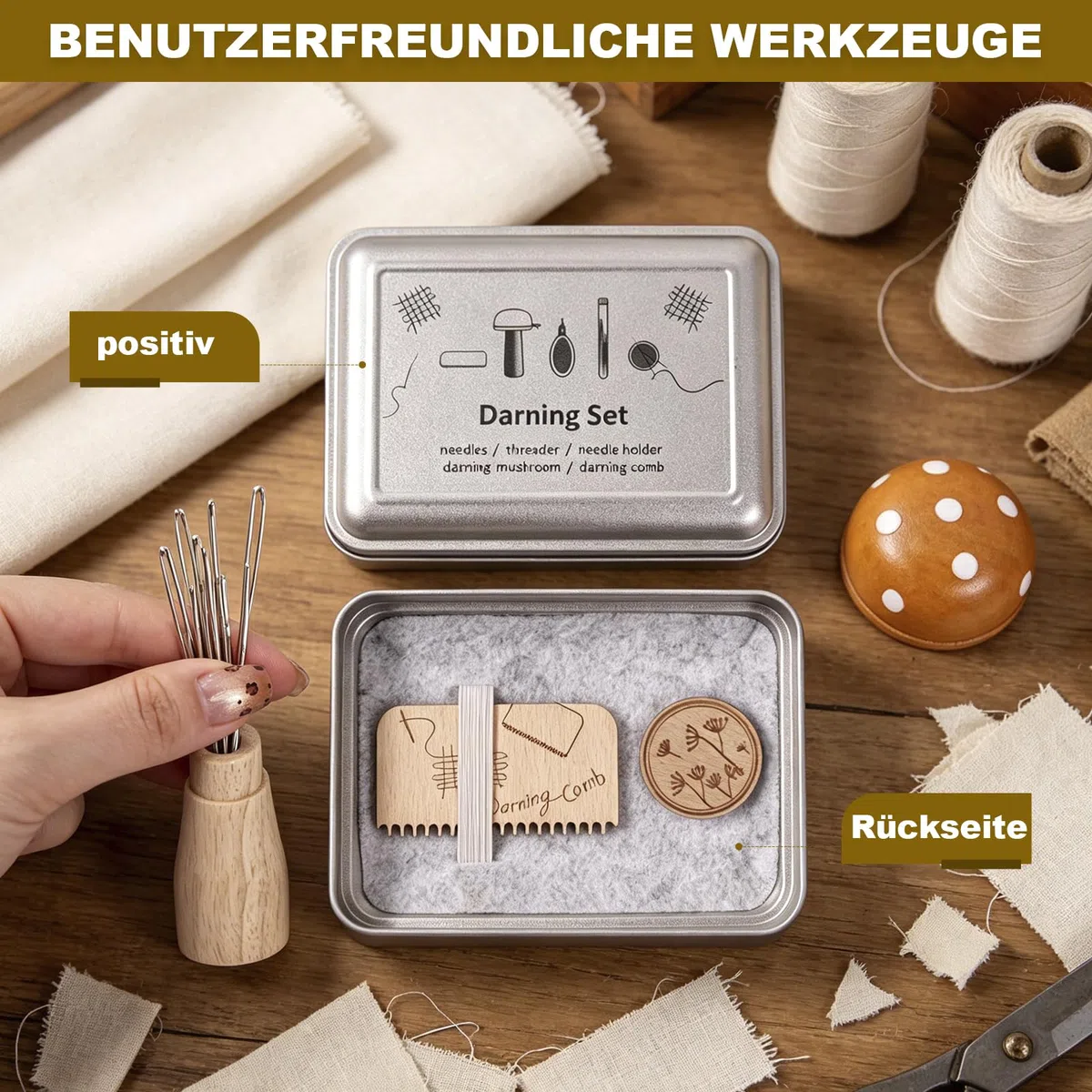Stopfpilz Set Aus Holz Webernadel Mit Kugelspitze Pilzform Mit 9 Nähnadeln Und 2 Nadeleinfädler Holzwerkzeug Stopfpilz Mit Etui Für Nadeln Für DIY Handnähen, Socken, Stricken, Kleidung, Schals