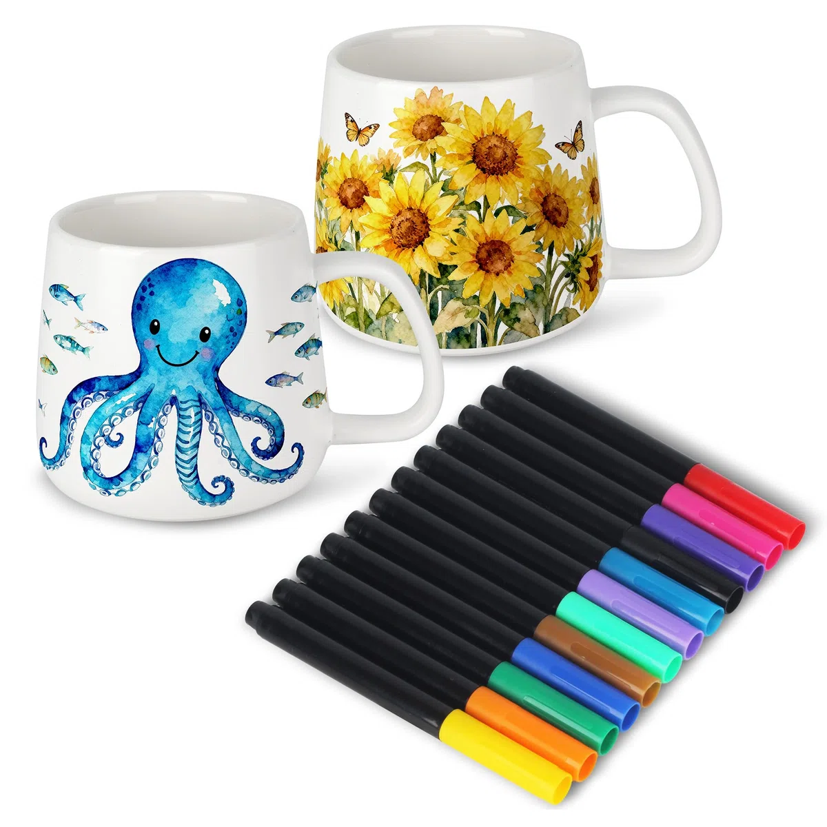 DIY Keramik Bemalen Set–Enthält 2 leere weiße Tassen und 12-farbige Keramik-Aquarellstifte, ein kreatives Tassen Bemalen Set für Kinder und Erwachsene, einTassen Zum Bemalen Kunstkreationsset