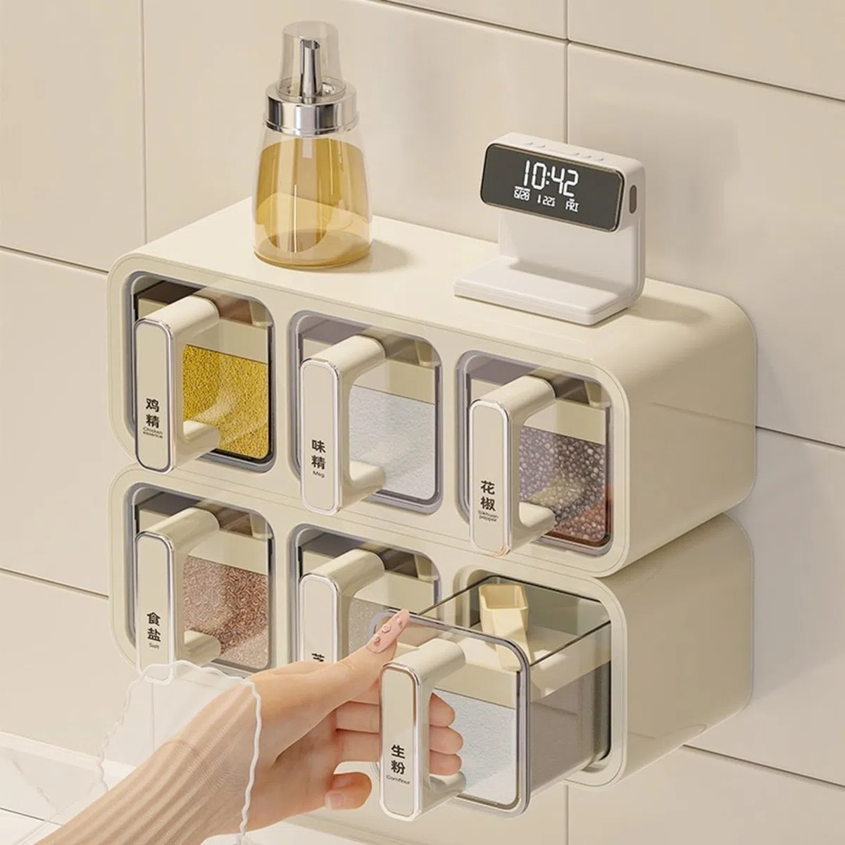 Gewürz-Aufbewahrungsbox für die Küche, Wandbehang, feuchtigkeitsbeständig, Gewürzhalter mit einzelnen Fächern und Etiketten, einfache Installation (B)