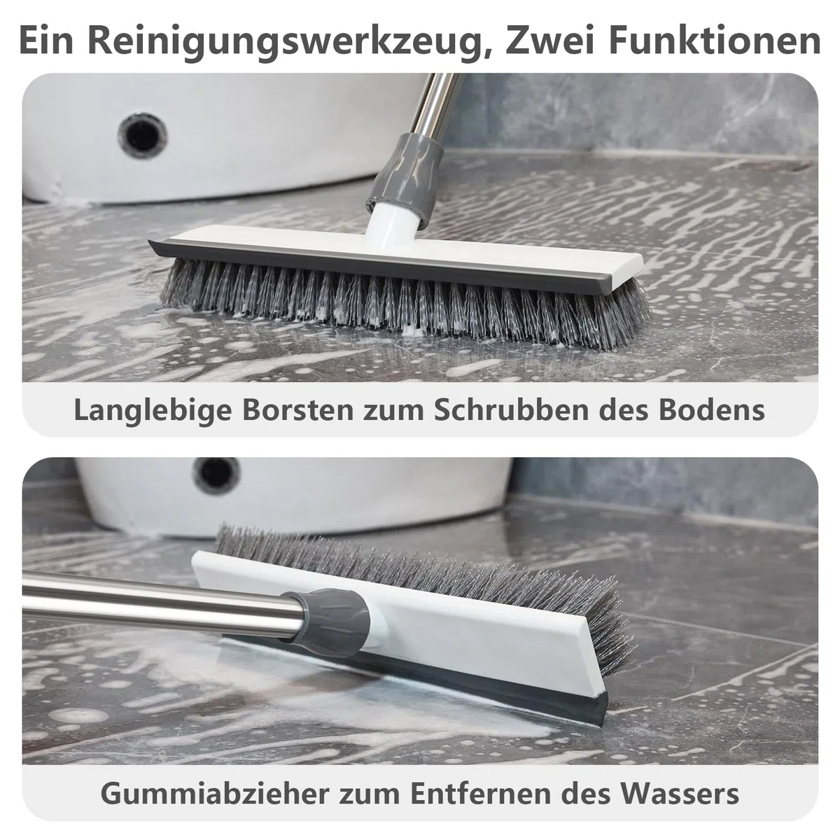 Mitclear Boden-Scheuerbürste mit Stiel(128cm), Schrubber Terrasse mit steife Borsten & Gummiabzieher, Terrassenreiniger, Scheuerbürste für die Reinigung von Fliesen, Balkon, Küche, Bad, Dusche, Garage