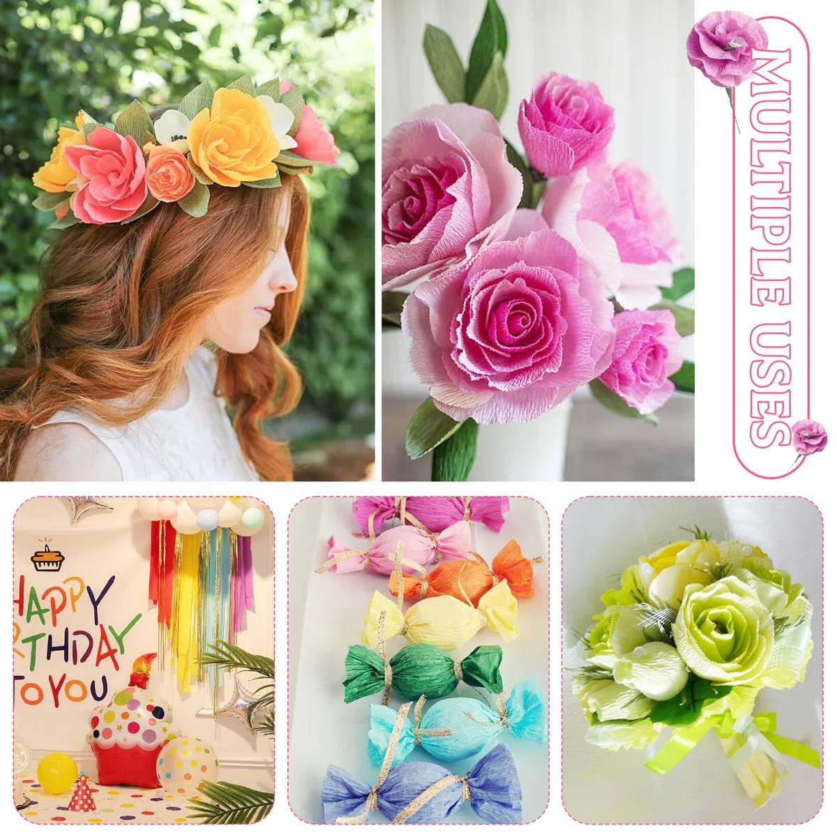 12 Farben Krepppapier Bunt 25x250cm 12 Rollen Kreppapier DIY Crepe Papier Krepppapier Rollen mit Grünes Kabel Blumenband für Die Herstellung von Valentinstag-Blumen DIY Blumenpapier-Handwerk