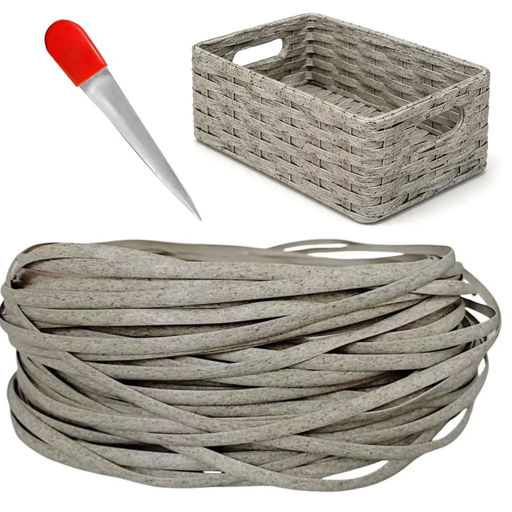 CEWROM 65m Kunststoff Gewebtes Rattan, Flach PE-Rattan, Langlebiges Korbgeflecht Reparaturmaterial, Webwerkzeug für Gartenmöbel, Terrassenmöbel, Bank, Stuhl, Tisch und Tischkorb (Leinen)