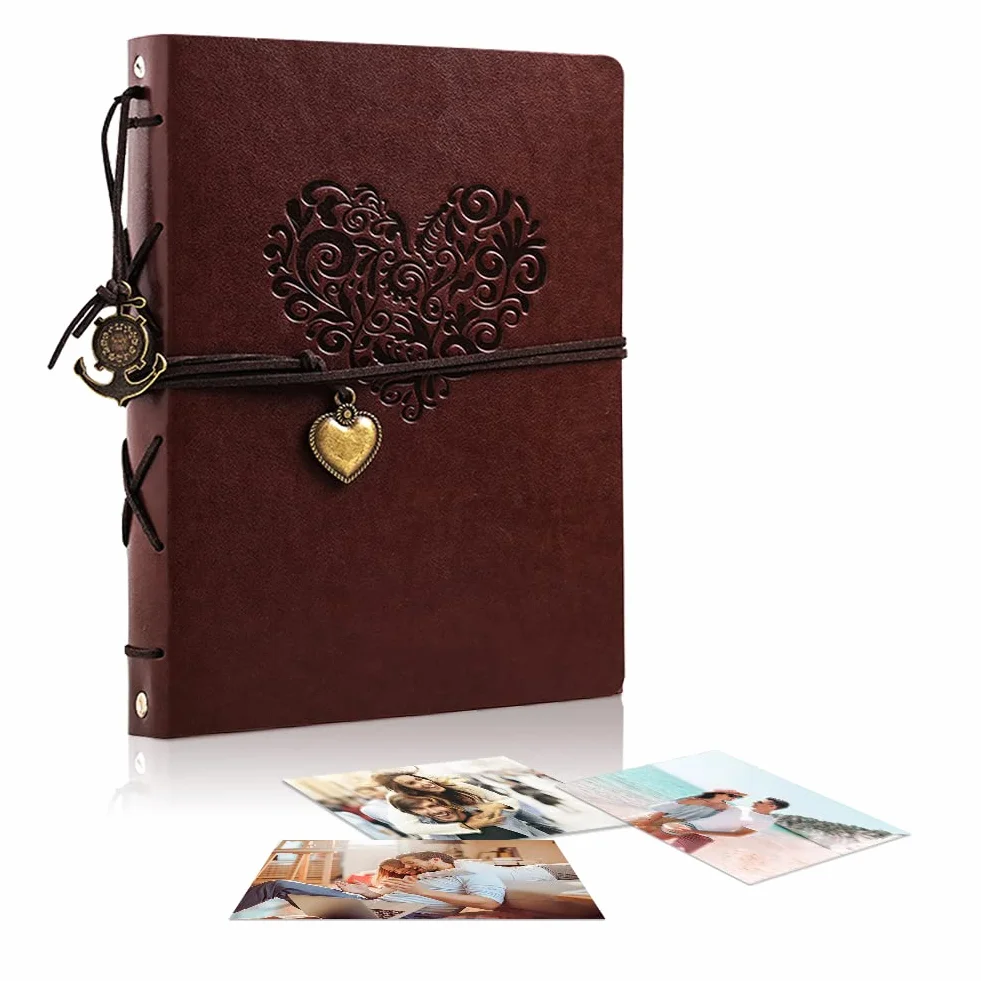Fotoalbum Lederalbum Selbstgestalten 21,5x17cm, EUBSWA Vintage Fotobuch mit 60 Seiten Scrapbook für 240 Bilder, Hochzeit Gästebuch, Geschenk für Freund (Herz-Klein)