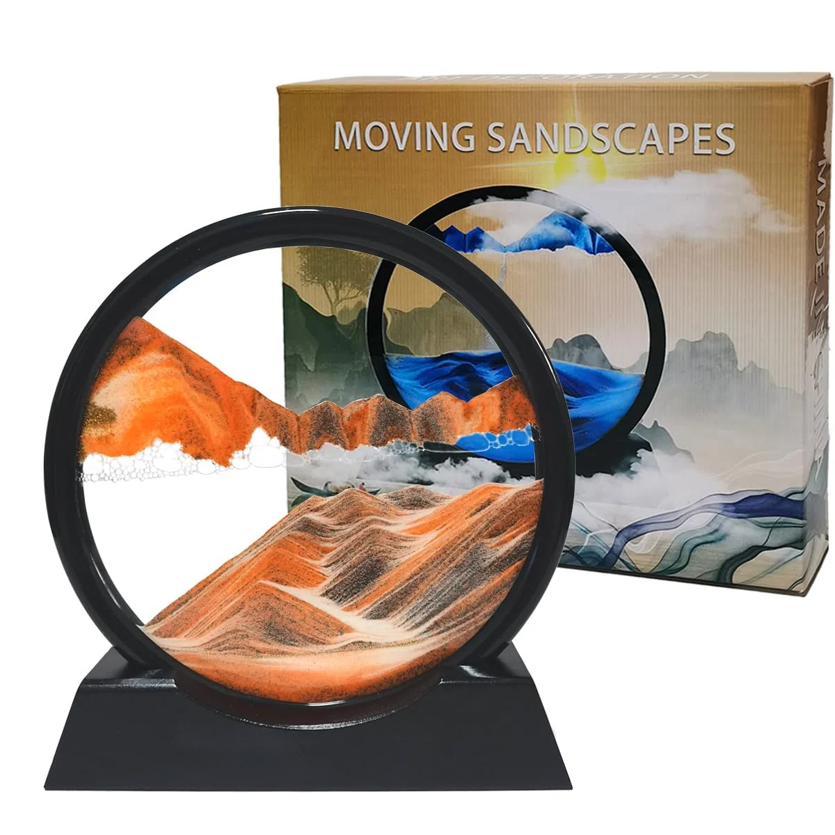 Fließende Sandmalerei, Dynamisches 3D Sandbild zum Drehen, Sandkunst, Tiefsee Sandbild Rund für Zuhause, Büro und Desktop Dekor (Orange, 7")