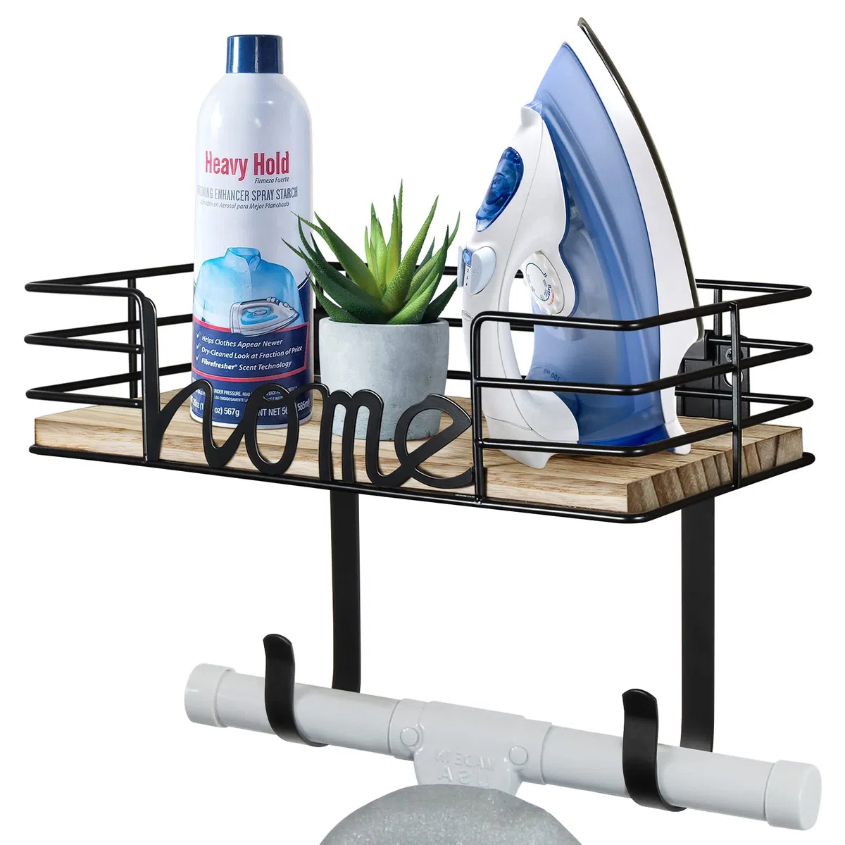 TJ.MOREE Ironing Board Hanger, Iron Holder Wall Mount, Wall Mounted Ironing Board,ironing Board Hook,Bügelbrett wandmontage, Mit Großem Aufbewahrungskorb Aus Holz Und Abnehmbaren Haken (schwarz)