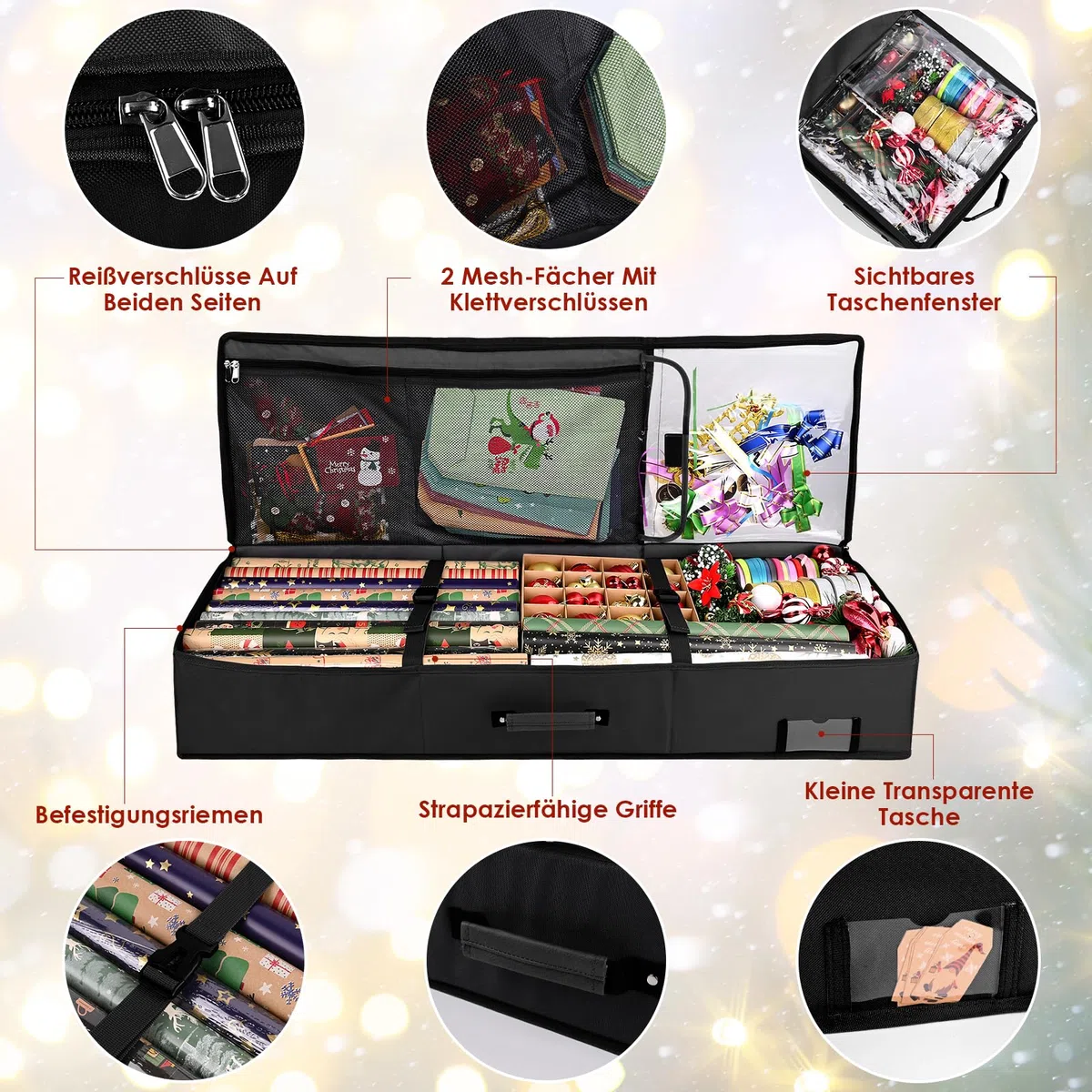 Geschenkpapier Aufbewahrung,Groß Geschenkpapier Organizer 95x35x16 cm,Wasserdichtes 600D Oxford Gewebe Geschenkpapier Aufbewahrung Organizer, Aufbewahrung Geschenkpapierrollen mit Fächern (Schwarz)