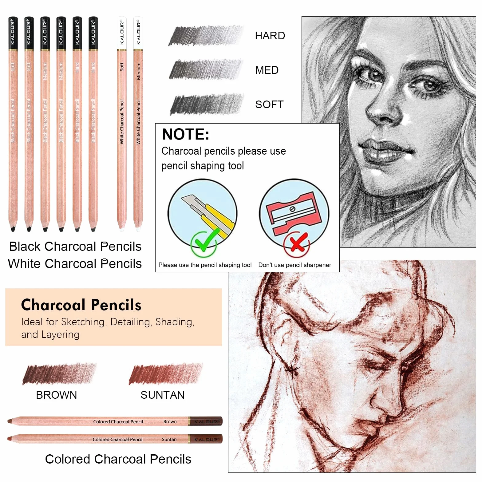 KALOUR PDAS 22-teiliges Zeichenkohle-Set, Professionelles Kunstzubehör, Schwarze und Weiße Kohlebleistifte zum Zeichnen, Skizzieren, Schattieren und Verblenden, für Anfänger und erfahrene Künstler