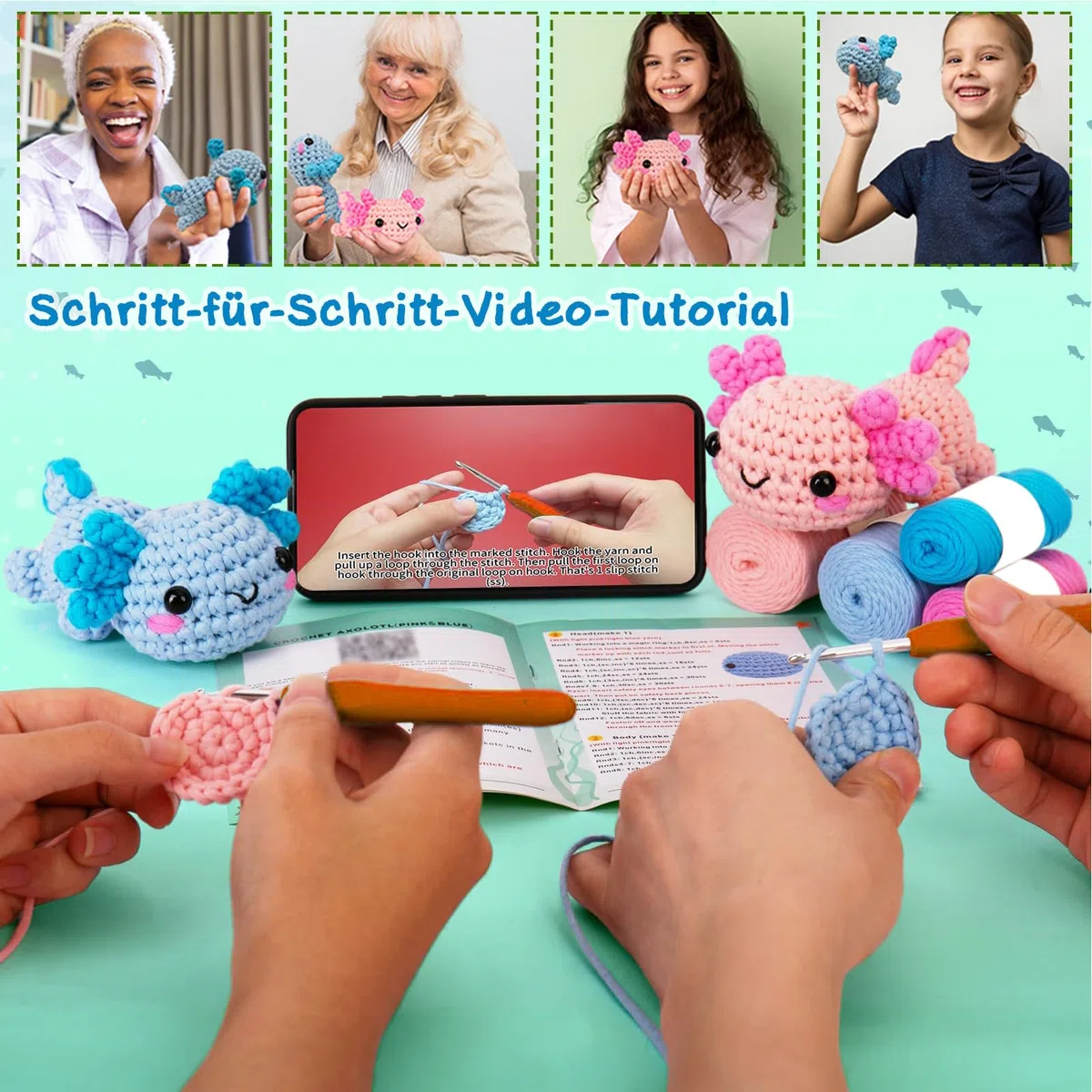LYKTRIX Häkelset für Anfänger, 2Pack Häkelset Tiere und Strickset für Anfänger mit Videoanleitungen, Geeignet zum Häkeln für Kinder und Erwachsene ab 13 Jahren