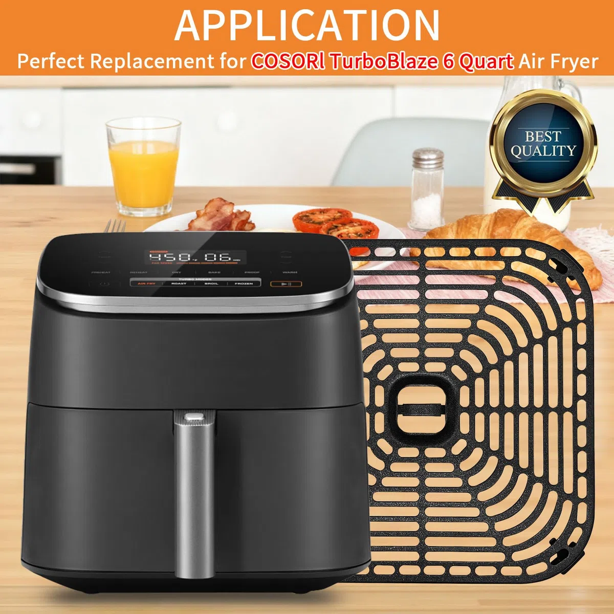 Fritteusen-Grillpfanne für COSORI Air Fryer TurboBlaze 6L Antihaft 22,6 x 22,6 cm quadratisches Grillrost-Ersatzteil inkl. Gummipuffern, spülmaschinengeeignet