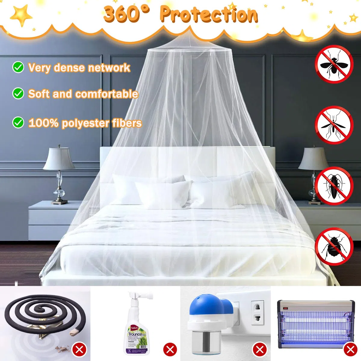 Moskitonetz Bett für Doppelbett Einzelbett, 60 * 250 * 1200cm Großes Mückennetz Bett, Moskitonetz Doppelbett mit Klebehaken Zuhause und Reisen, Fliegennetz Moskitonetze für Indoor Outdoor
