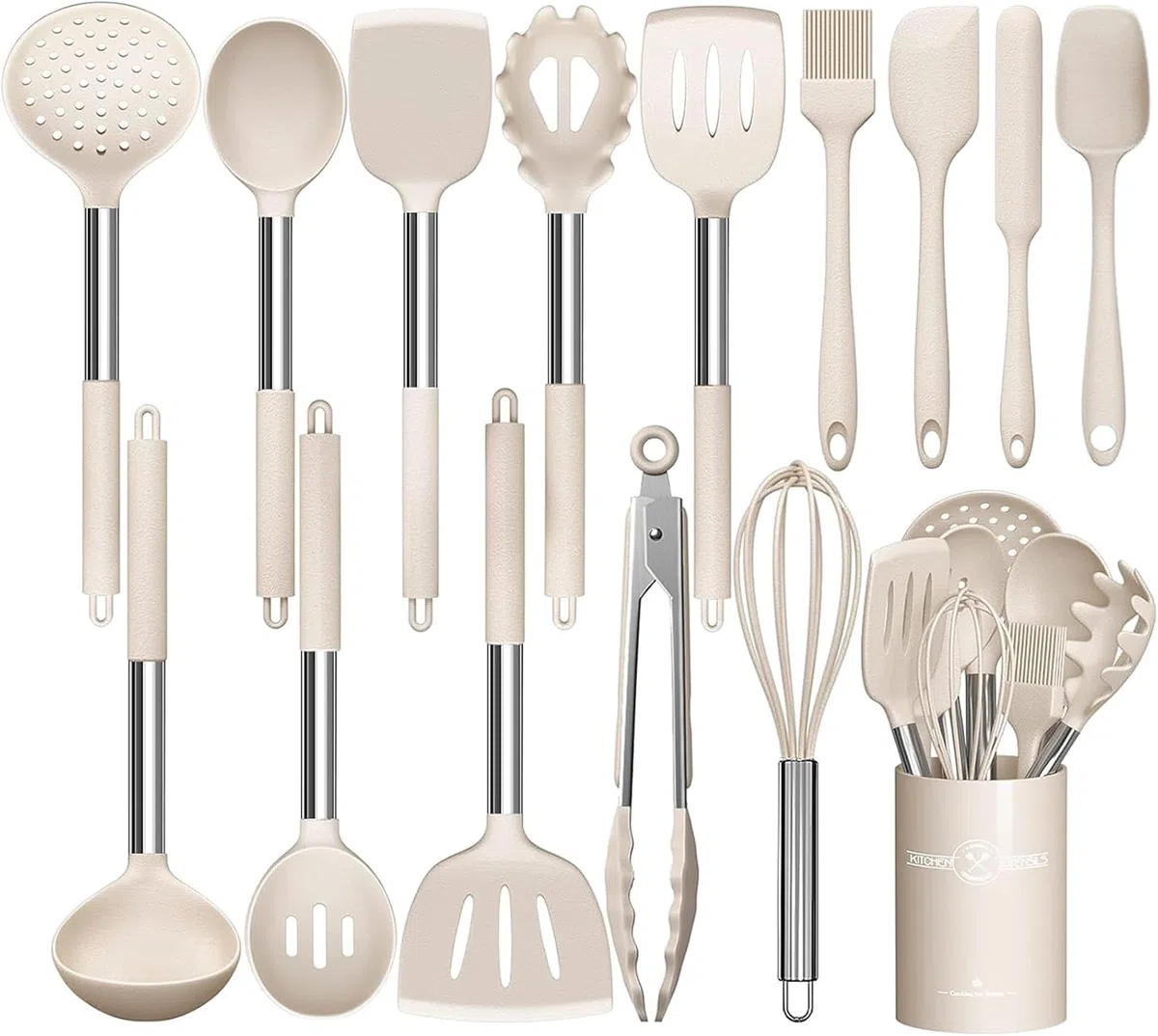 Küchenutensilien-Set, 15-teilig Silikon Küchenhelfer Set, Antihaft Hitzebeständiger Kochutensilien Kochgeschirr mit Utensilienhalter, Edelstahl Griff, Spülmaschinengeeignet (Khaki)