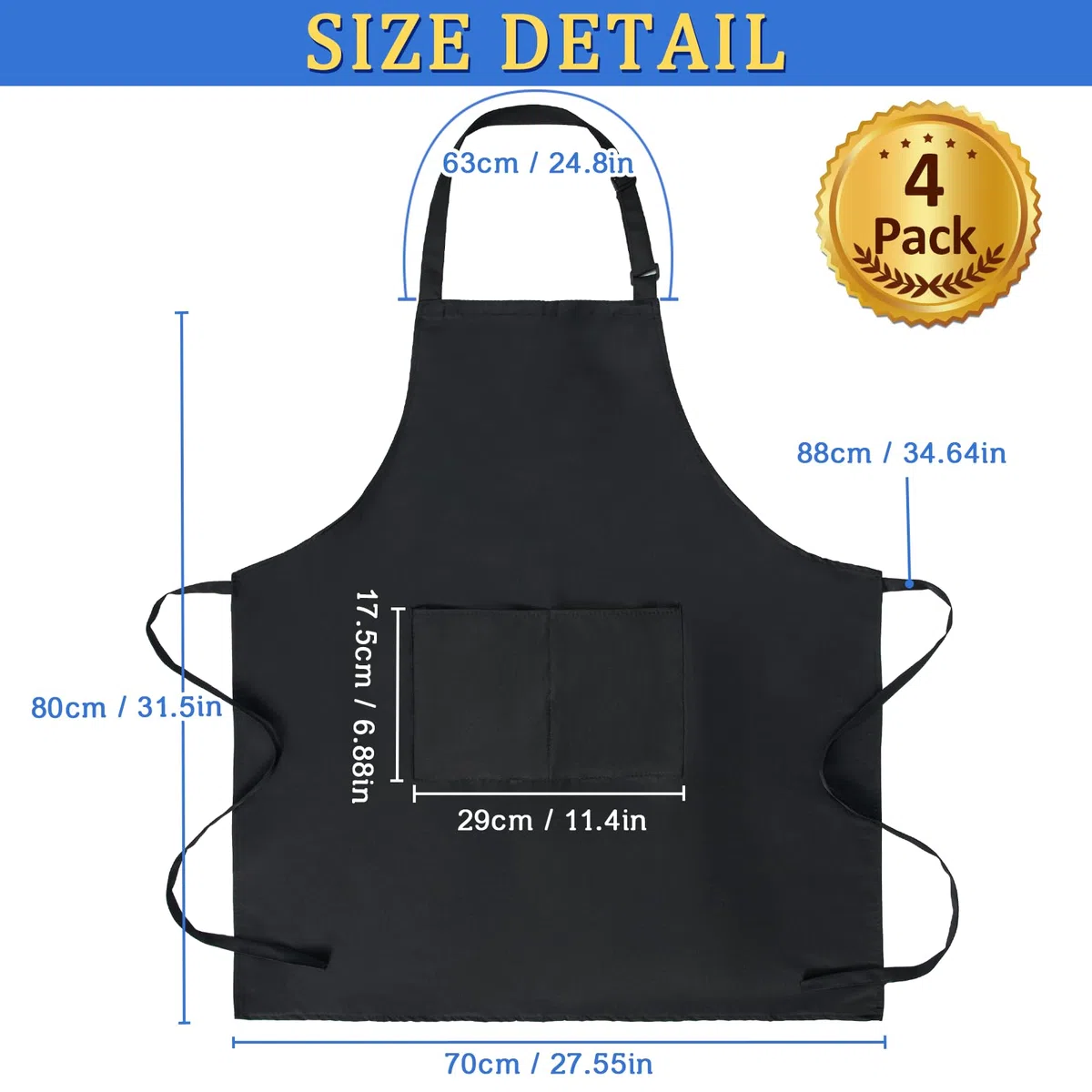 4 Packs Kochschürzen, Unisex verstellbare Schürzen mit 2 Taschen, personalisierte Schürzen für Männer Frauen, professionelle Schürze für Kochen, Gartenarbeit, Küche, Restaurant, Kaffeehaus (Schwarz)