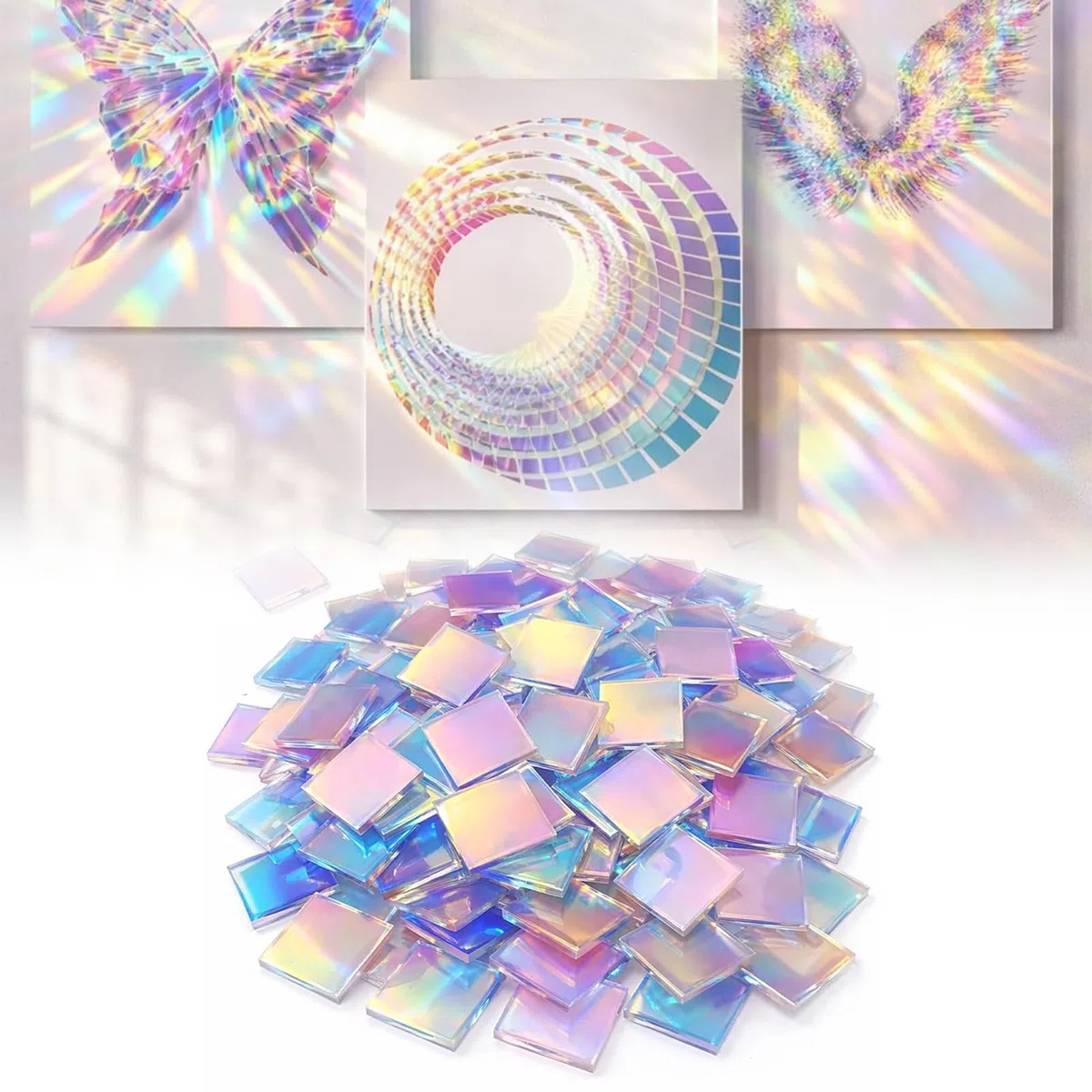 100 Stück Acryl Mosaiksteine Zum Basteln, Mini Irisierende Acryl Quadrate, Holografische Mosaikfliesen, Bunte Acrylplatten Für DIY, Mosaik Art, Bilderrahmen, Teller, Blumentöpfe, Dekoration (2 X 2 CM)