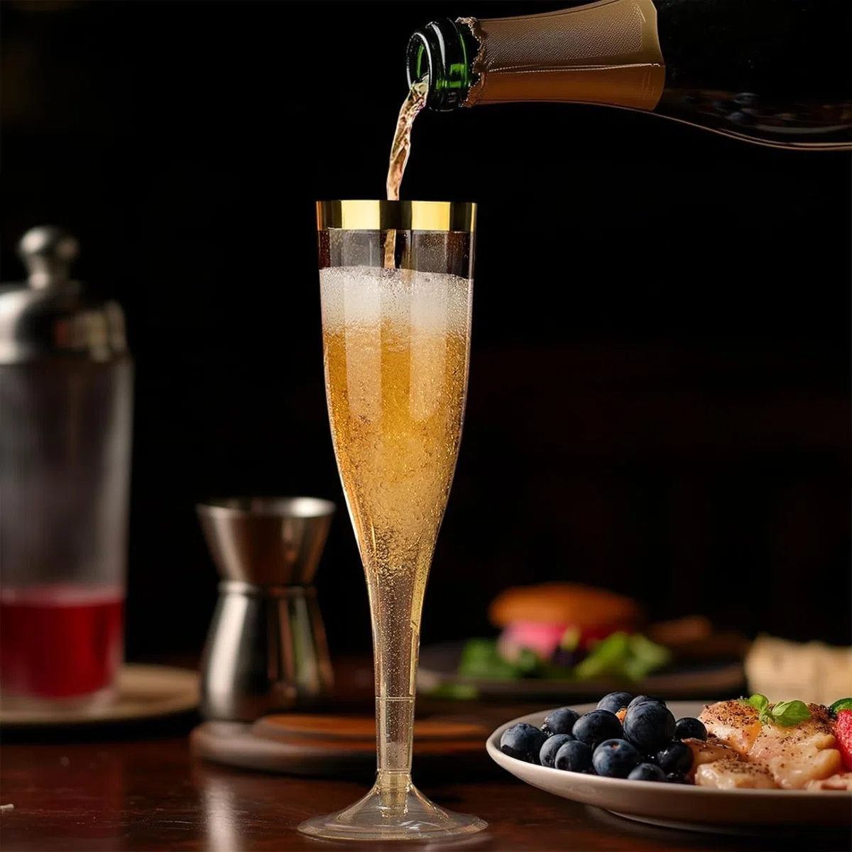 50 Stück Sektgläser Plastik, 150ml Champagner Gläser mit Goldrand und Goldglitter aus Kunststoff, Sektglas Plastik Mehrweg für Mimosa Bar Hochzeit Party Picknick im Freien
