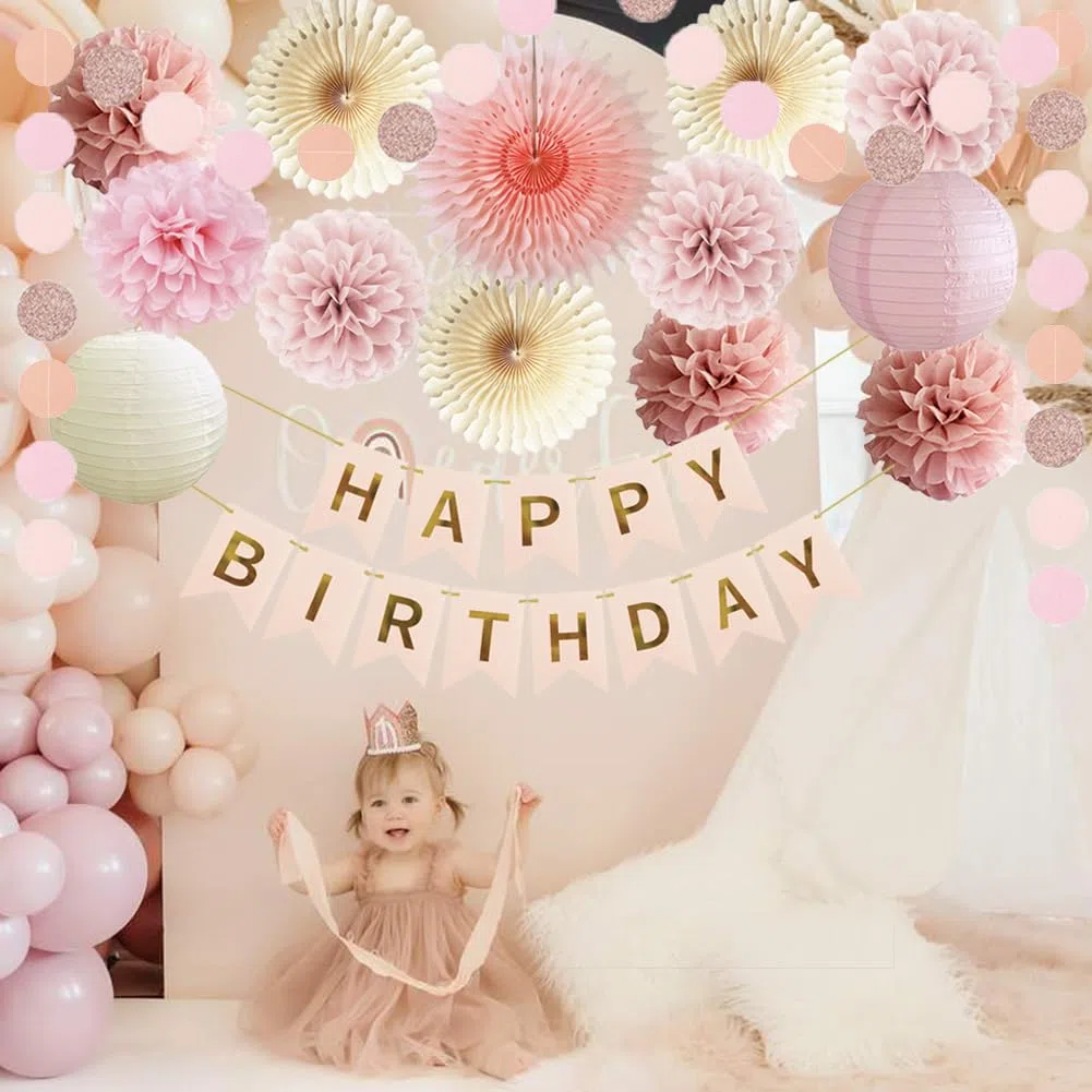 Geburtstagsdeko Beige Rosa Boho Geburtstag Party Deko Mädchen Frauen Seidenpapier Pom Poms Happy Birthday Girlande Boho Rosa Beige Party Deko