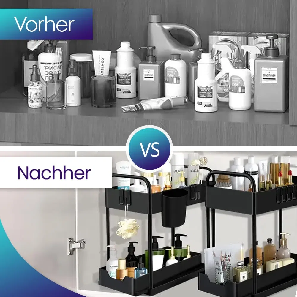 Unter-Spüle Organizer – Küchen Organizer für Spülenschrank & Bad – 2 Etagen Regal platzsparend mit 4 Haken, 2 Bechern & 4 Trennblättern – Schwarz