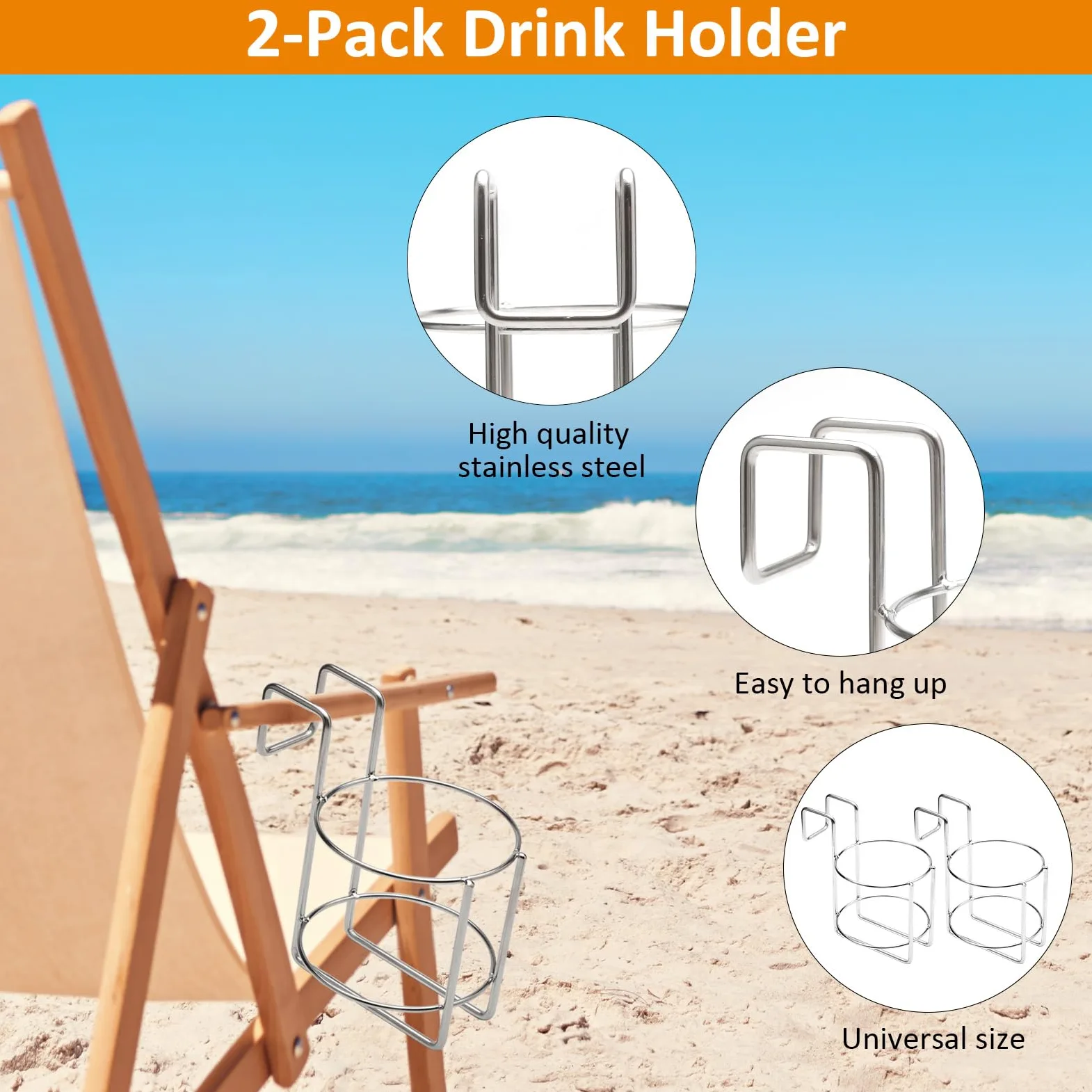 2 Stück Getränkehalter Strandkorb, Becherhalter Edelstahl Ø9,5cm mit Haken, Flaschenhalter für Bier, Wein & Gläser, Strandkorb Zubehör ohne Bohren, Silber
