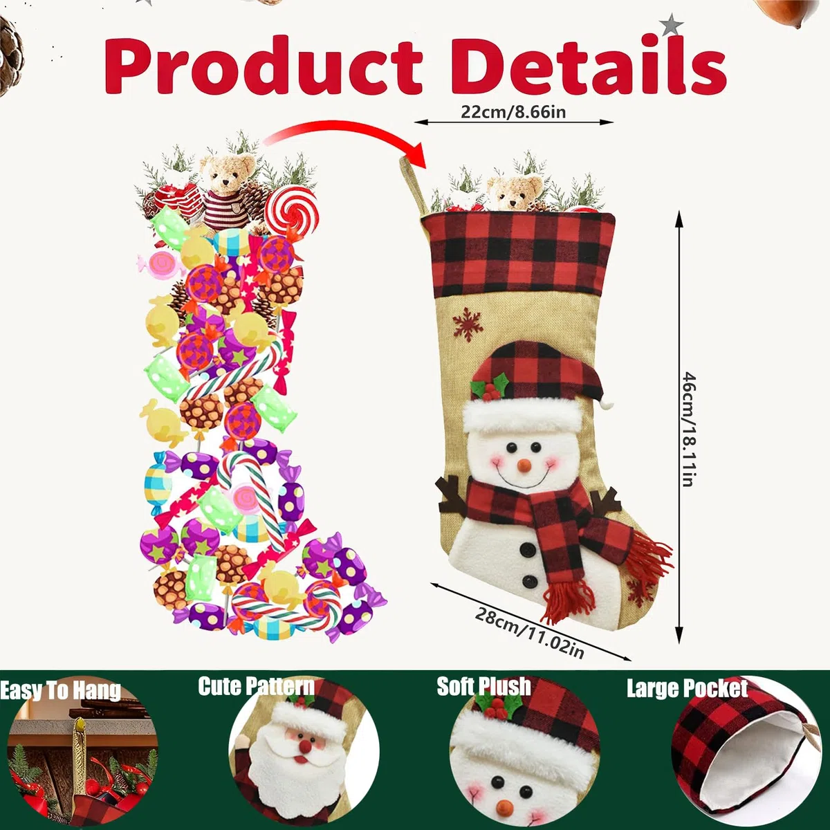 Personalisiert Weihnachtsstrümpfe mit Namen (selbst beschriftbar, Nicht gedruckt) -Großer Nikolausstrumpf als hängende Stockings Deko für Kamin, Weihnachtsbaum & Familienfeier (Rentier)