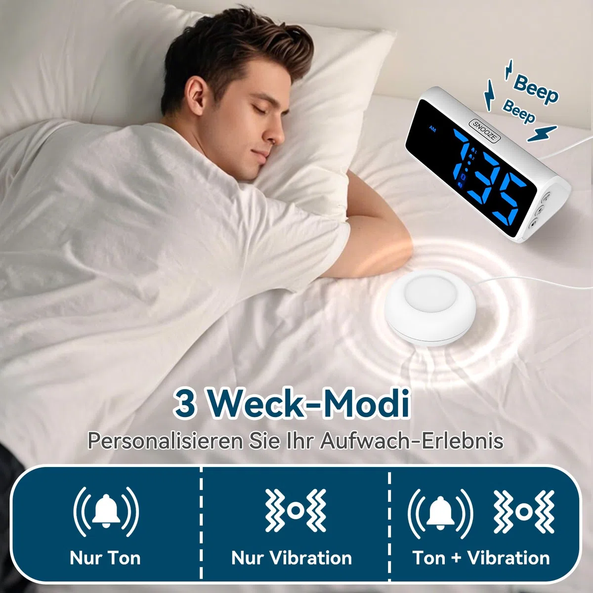 Wecker Laut für Tiefschläfer, Lauter Wecker mit Vibration, Doppelalarm, RGB-Anzeige, 5 Helligkeitsstufen, 4 Lautstärken, Snooze, Vibrationswecker für ältere Menschen Teenager Gehörlose Hörgeschädigte
