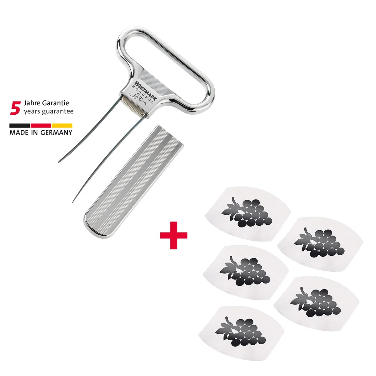 Westmark Wein-Set, 6tlg., 1 Ent-/Verkorker mit Kapselheber Ah-So, Monopol Edition + 5 Weinausgießer Safety, Stahl/Zink-Druckguss/PET, Verchromt/Silber/Schwarz, 628533E6