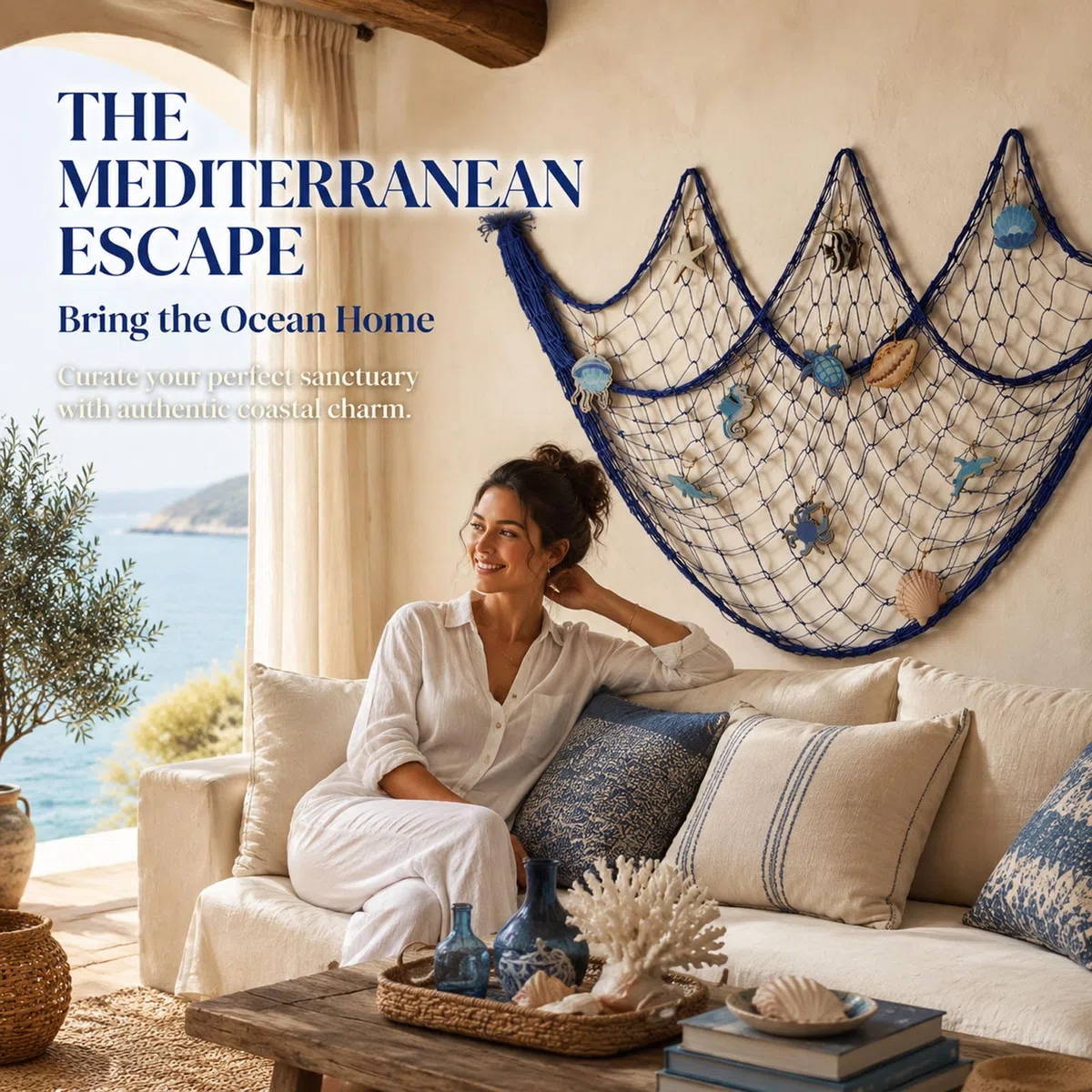 Mediterranes Fischernetz Deko-Set, 100x200cm Baumwollnetz mit 12 Meeresanhängern, Marine Wanddekoration