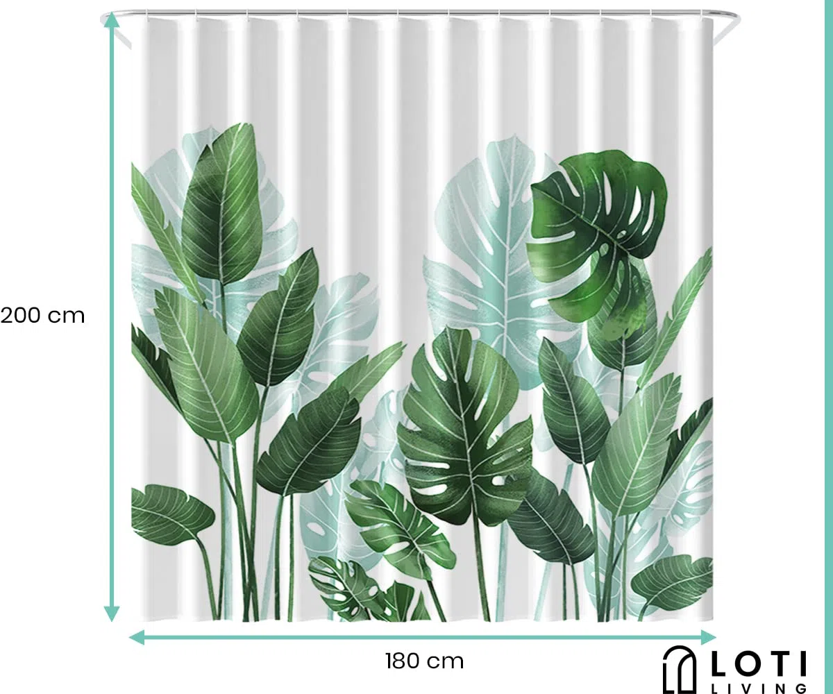Duschvorhang 180x200 cm - Grün Strelitzia Pflanzen Design - Anti Schimmel & Waschbar – Stoff aus Textil – Wasserdicht – Inkl. 12 Ringe – Badewannenvorhang für Dusche & Bad - Polyester