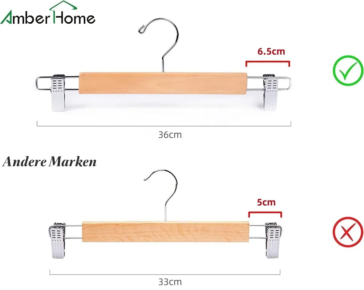 Amber Home 10 Stück 36cm Natürliche Kleiderbügel aus Holz, Robust und Glänzend Hosenbügel Aufhänger für Hosen Shorts Rock Socken Unterwäsche, mit rutschfest Clips und Drehbar Haken