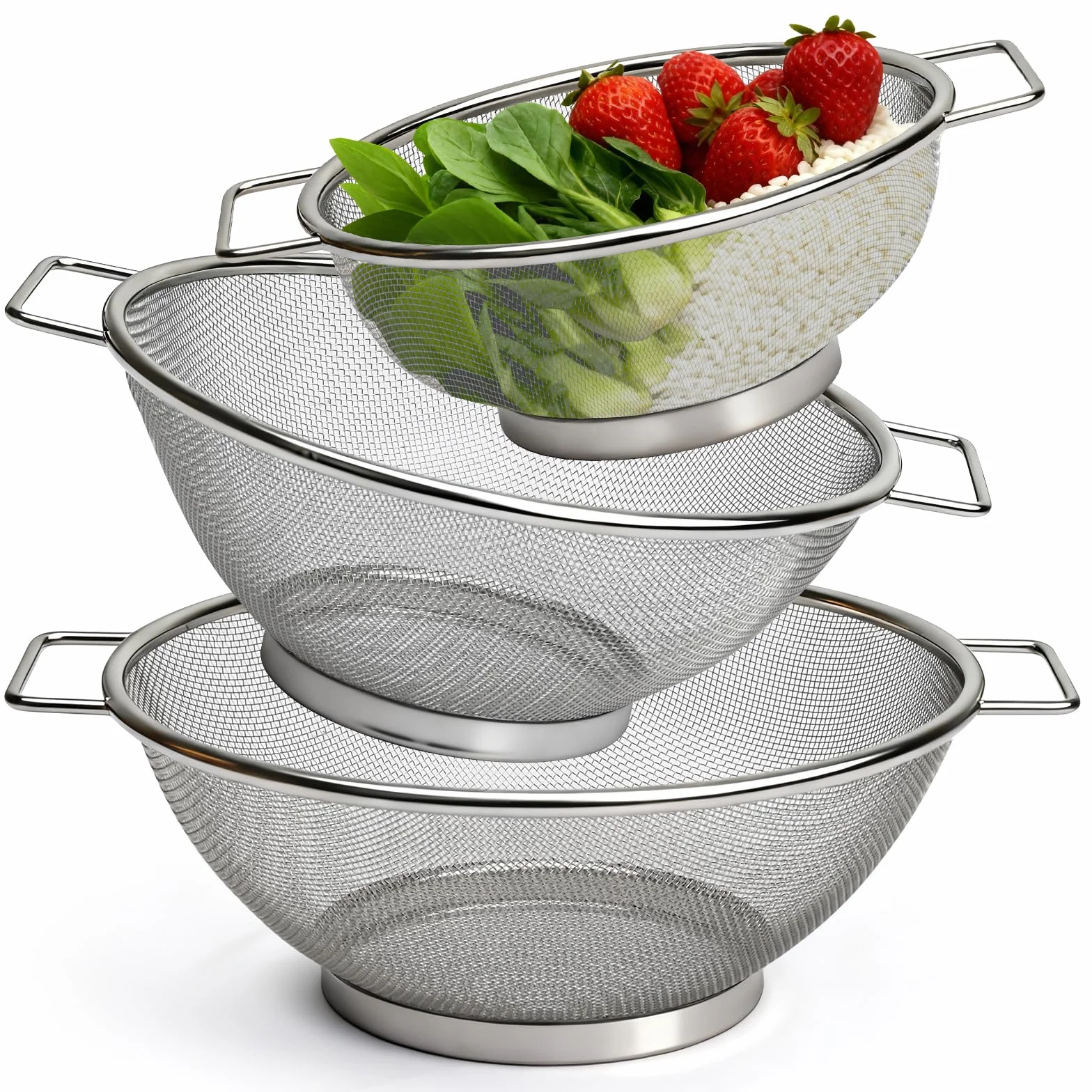 Sieb 3er-Set aus Edelstahl, Mikroperforiertes Küchensieb mit Griffen, Abtropfsieb für Obst, Gemüse, Reis und Pasta, Metall Sieb, Ideal für Küche und Haushalt, 18/22/24cm